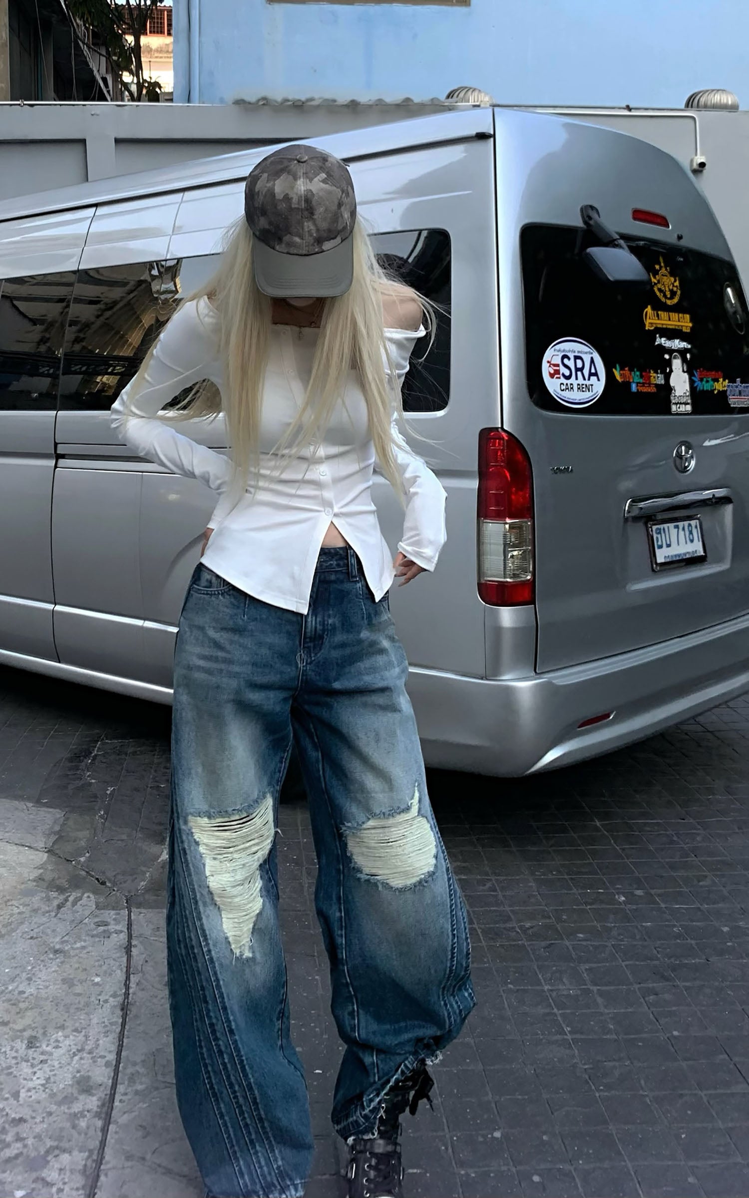 Rase Le Sol Vintage Washed Ripped Jeans - PINKPARKS