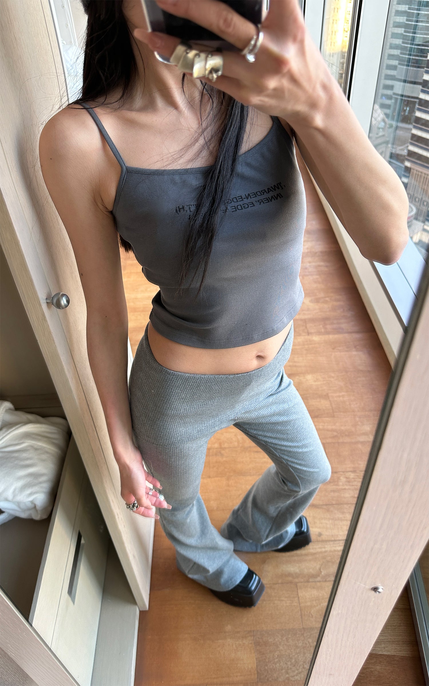 WARDEN EDGE Ribbed Knit Flared Pants & Cropped Camisole Set - PINKPARKS