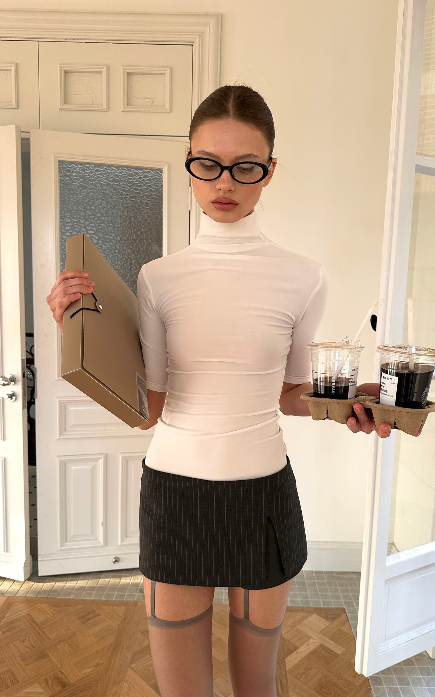 0122stepll ピンストライプスリットマイクロスカート