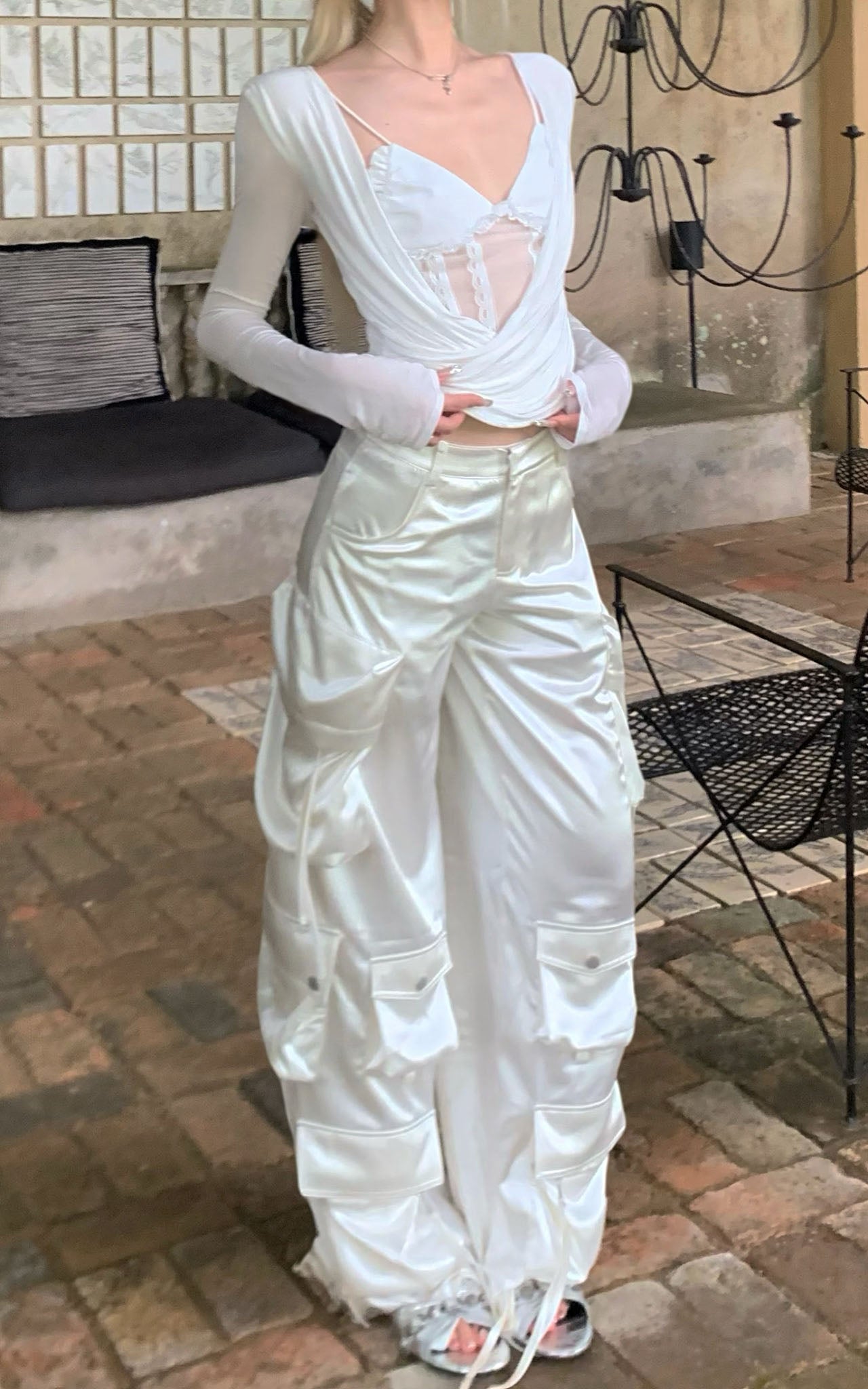 Rase le sol Draped Top with Lace Camisole Set - PINKPARKS