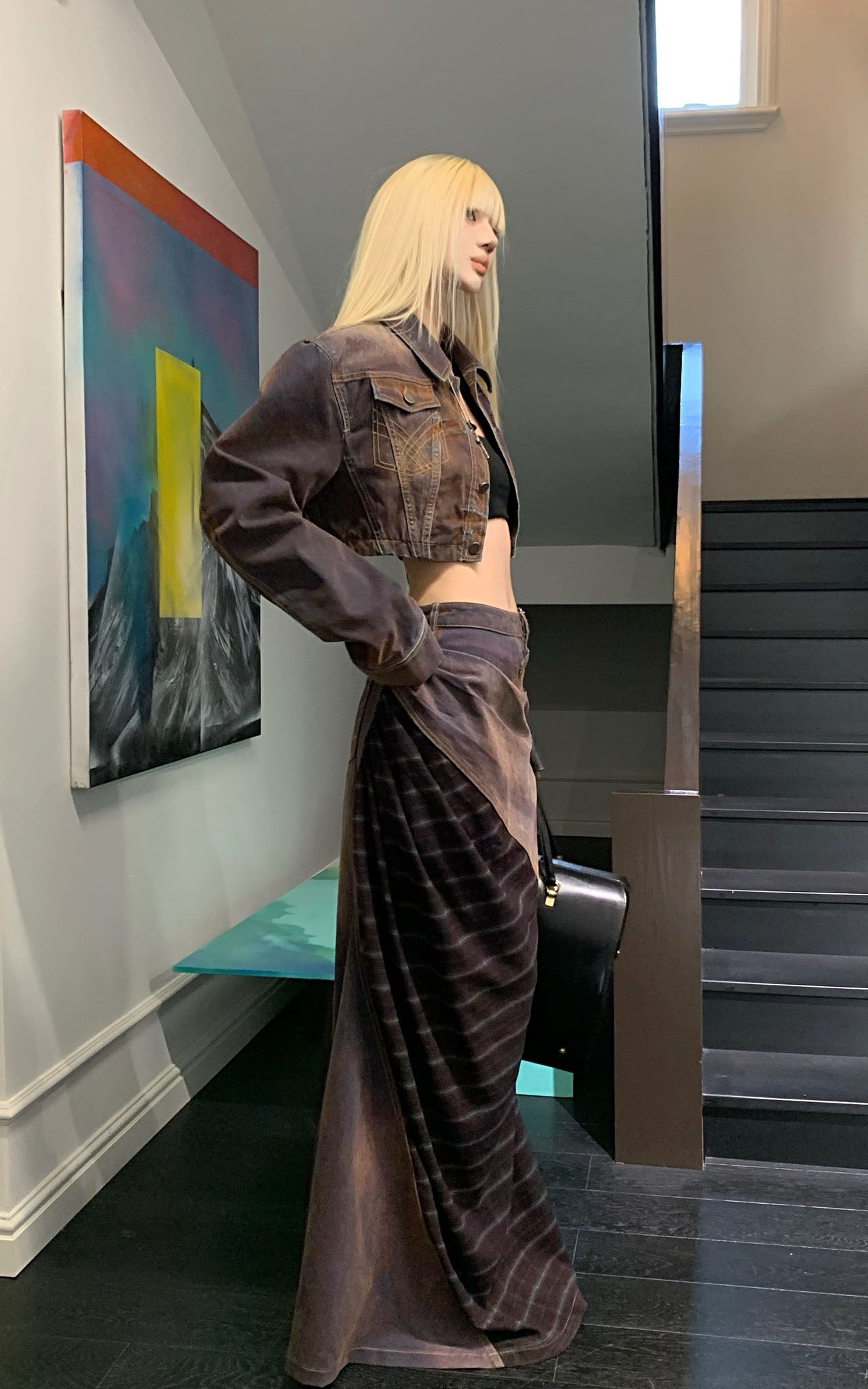 Rase le sol Cropped Denim Jacket and Paneled Skirt Set - PINKPARKS