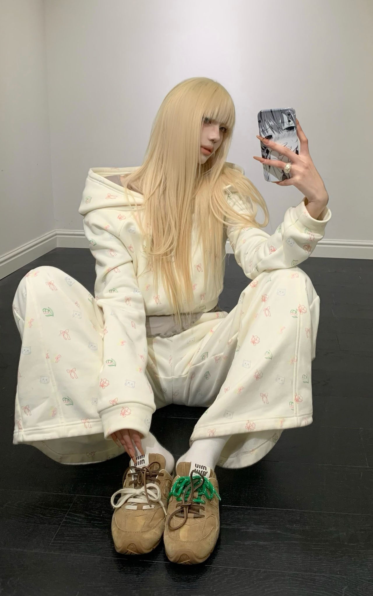 Rase le sol Cartoon Print Hoodie & Sweatpants Set - PINKPARKS