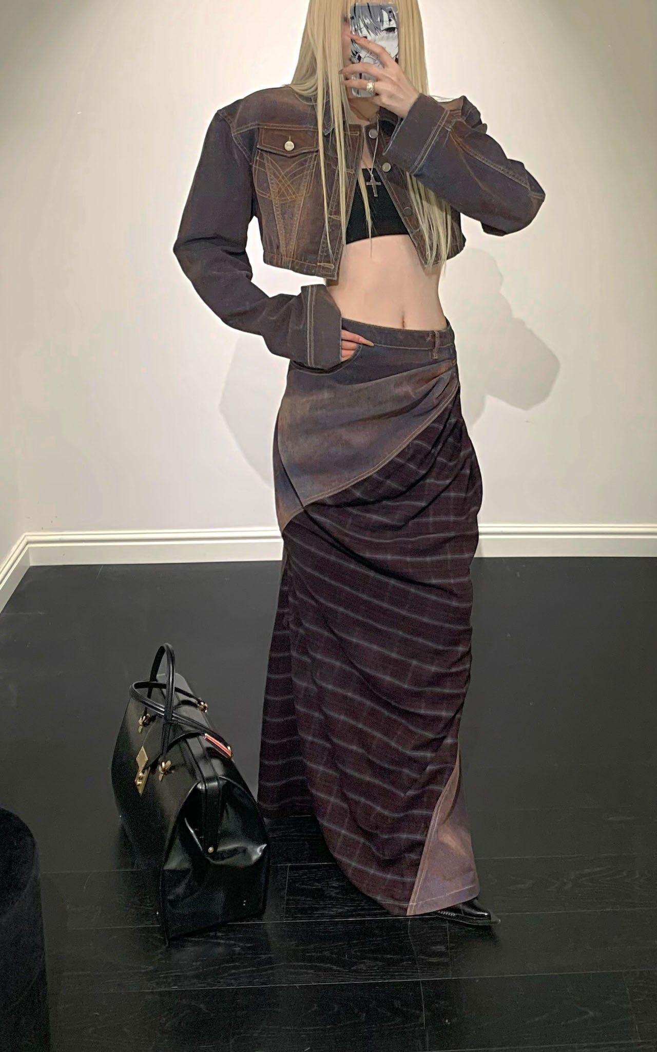 Rase le sol Cropped Denim Jacket and Paneled Skirt Set - PINKPARKS