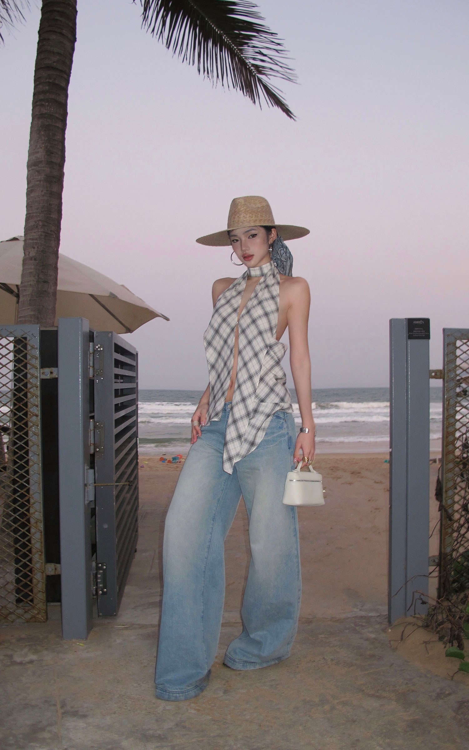 ROVENTE Draped Plaid Halter Top with Open Back - PINKPARKS