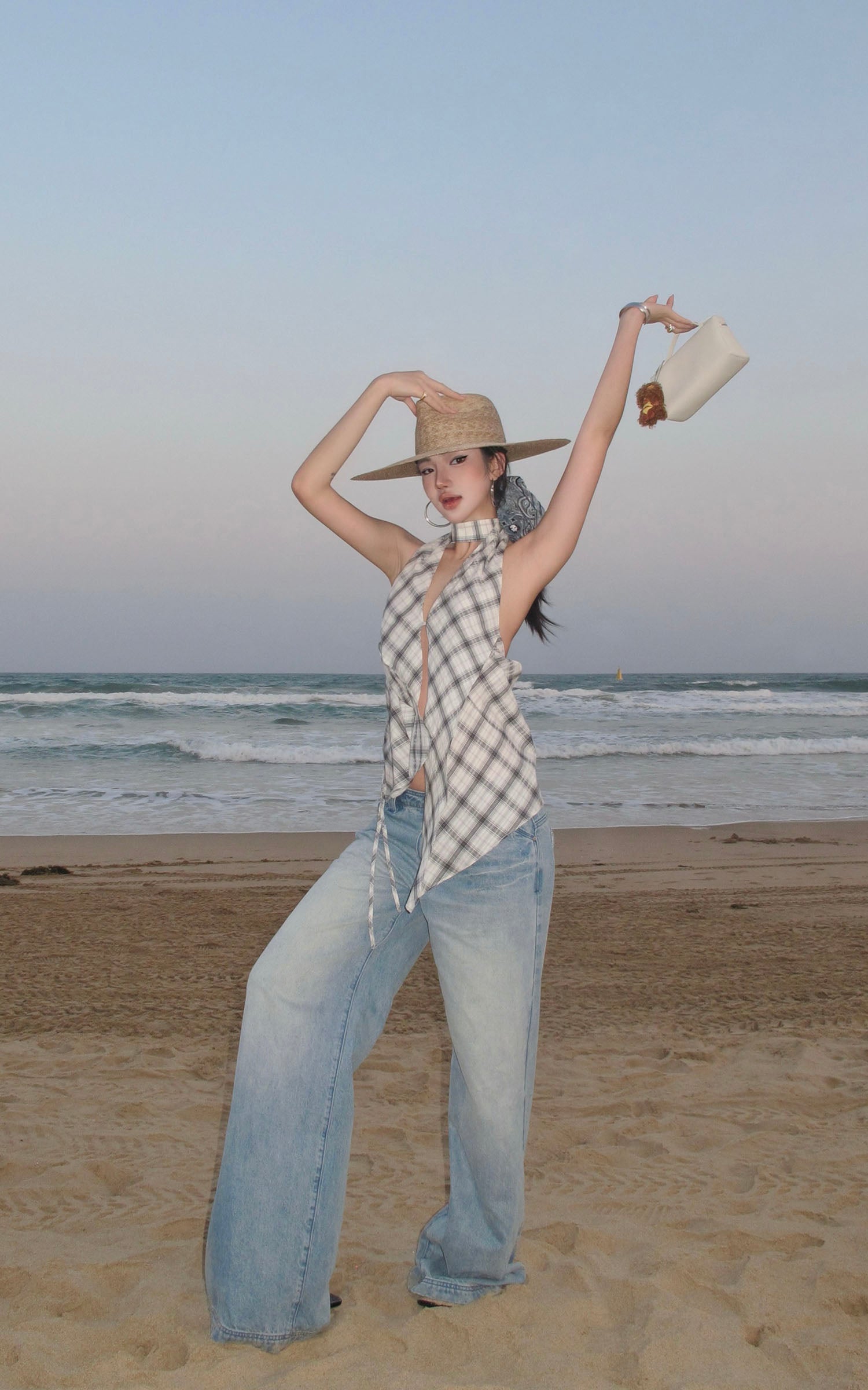 ROVENTE Draped Plaid Halter Top with Open Back - PINKPARKS