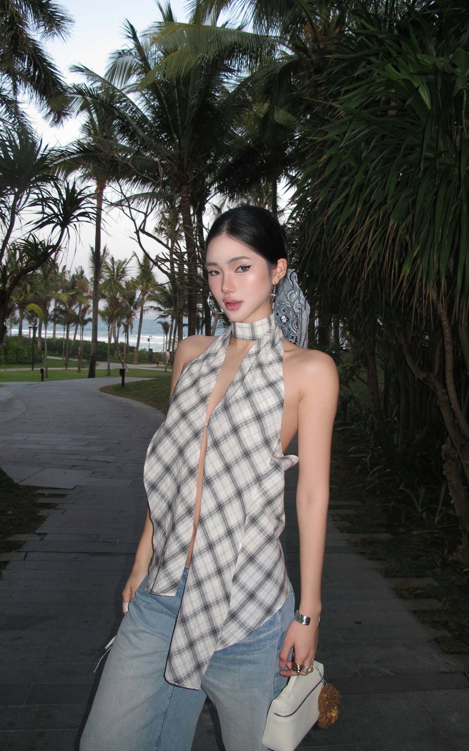ROVENTE Draped Plaid Halter Top with Open Back - PINKPARKS