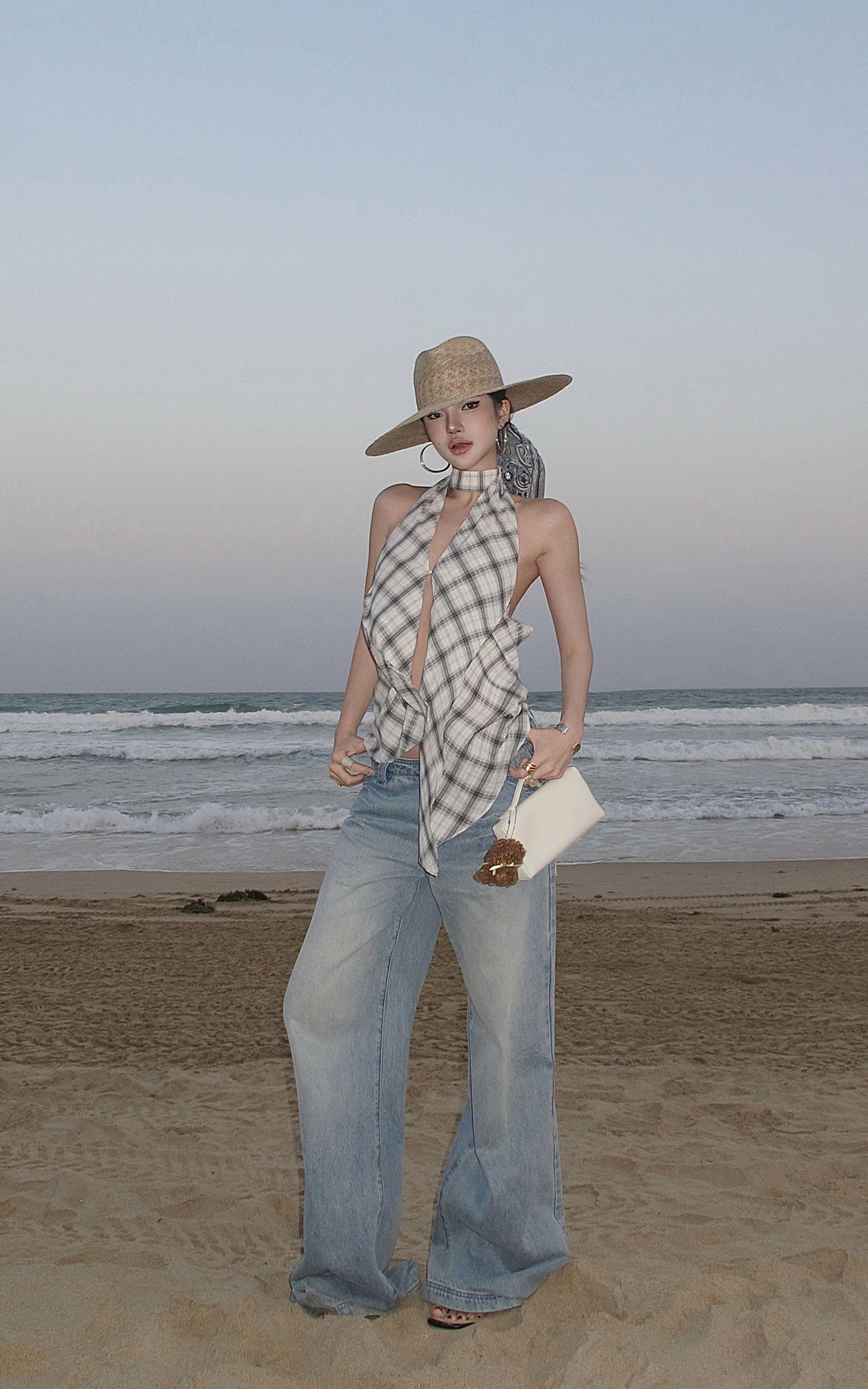 ROVENTE Draped Plaid Halter Top with Open Back - PINKPARKS