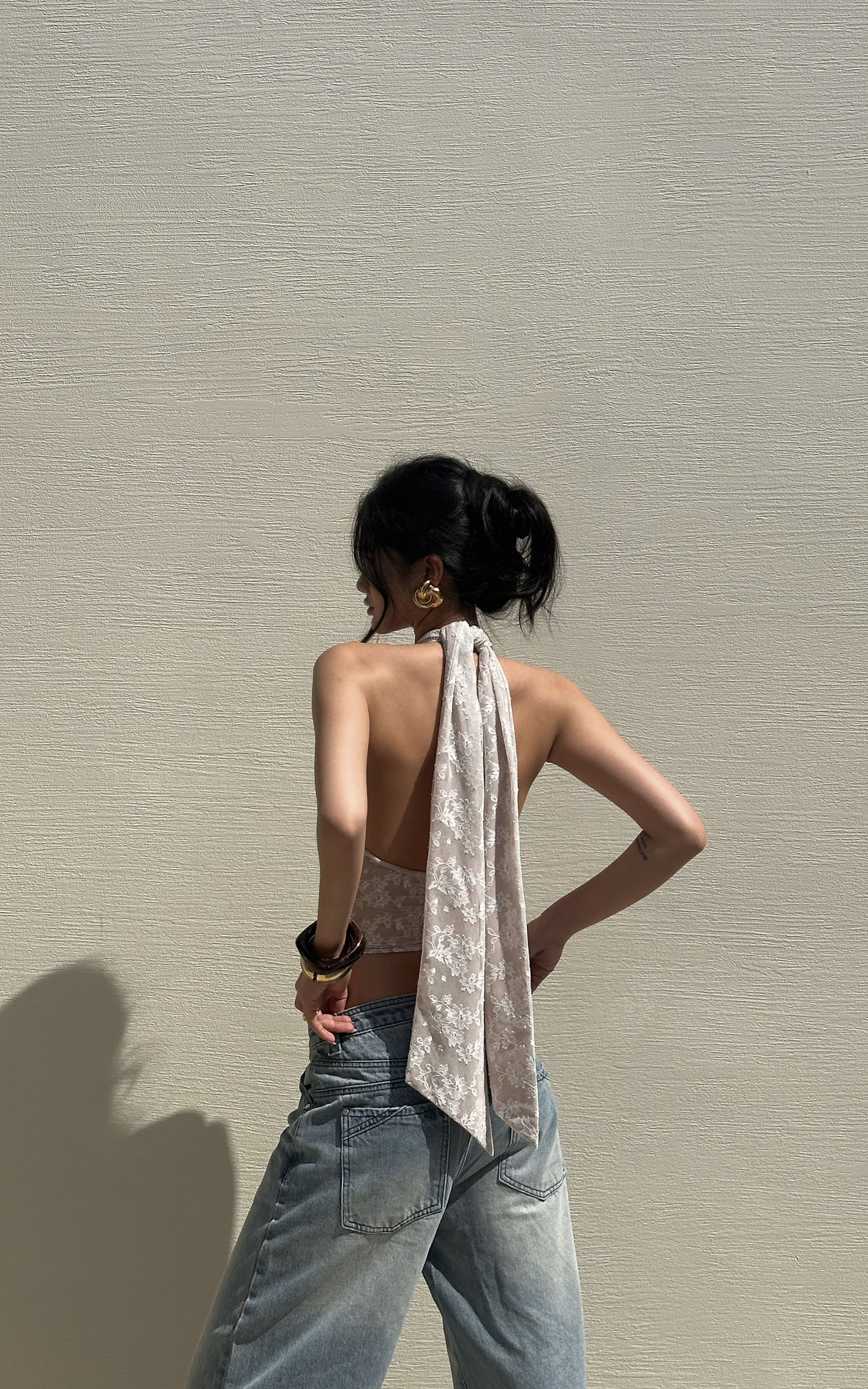 ROVENTE Backless Lace Halter Draped Top - PINKPARKS