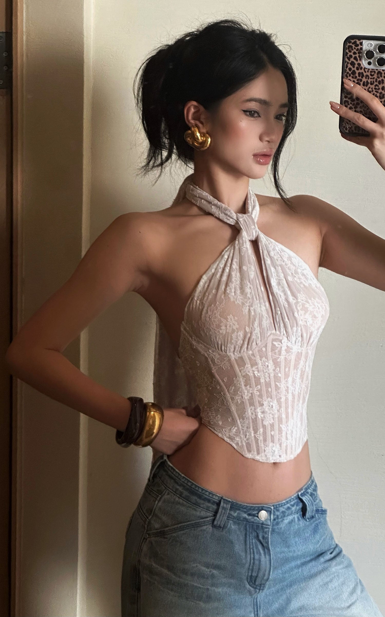 ROVENTE Backless Lace Halter Draped Top - PINKPARKS