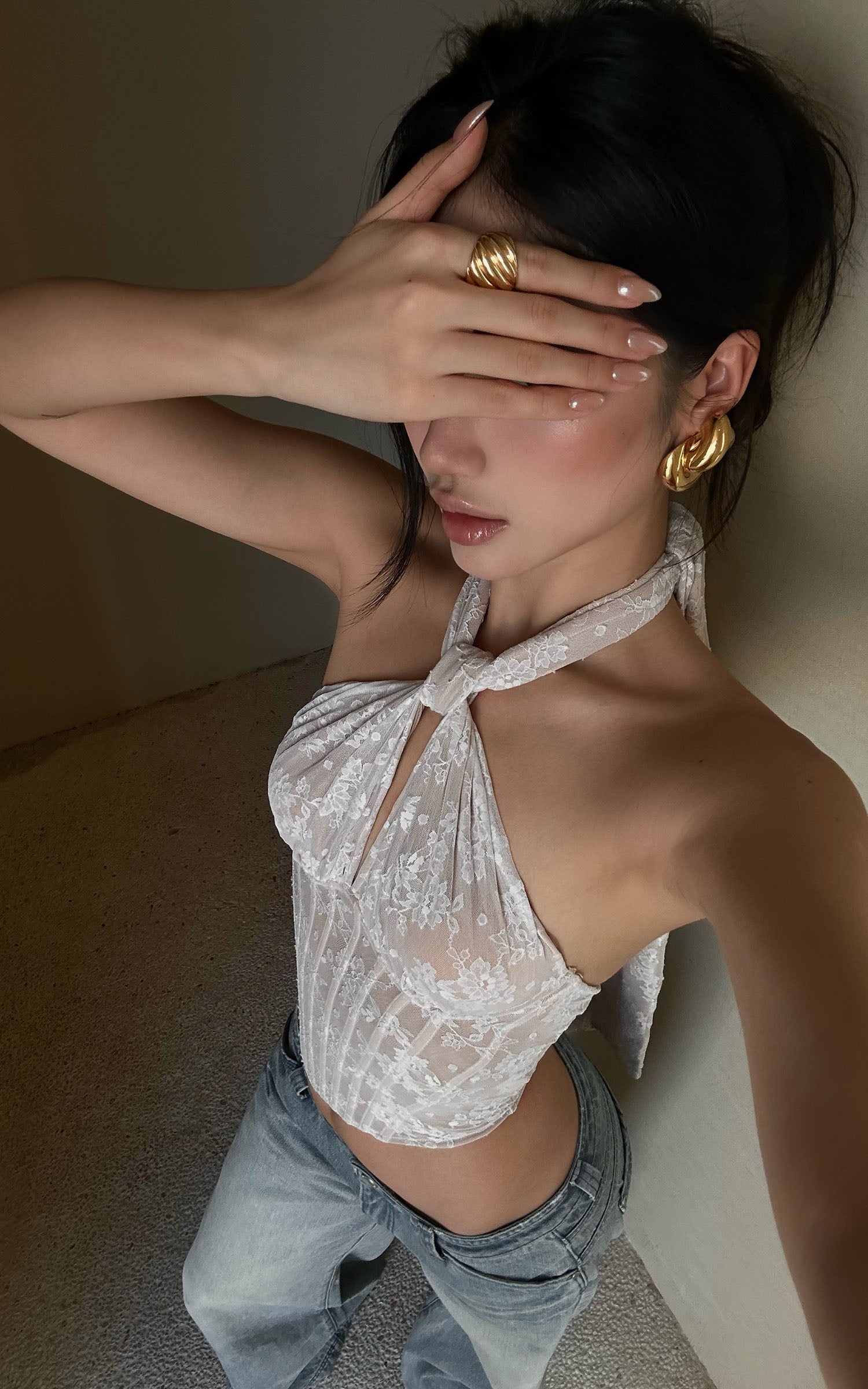 ROVENTE Backless Lace Halter Draped Top - PINKPARKS