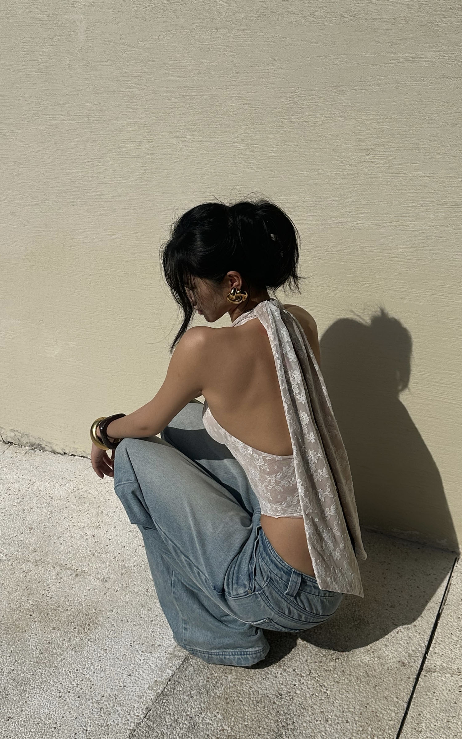 ROVENTE Backless Lace Halter Draped Top - PINKPARKS