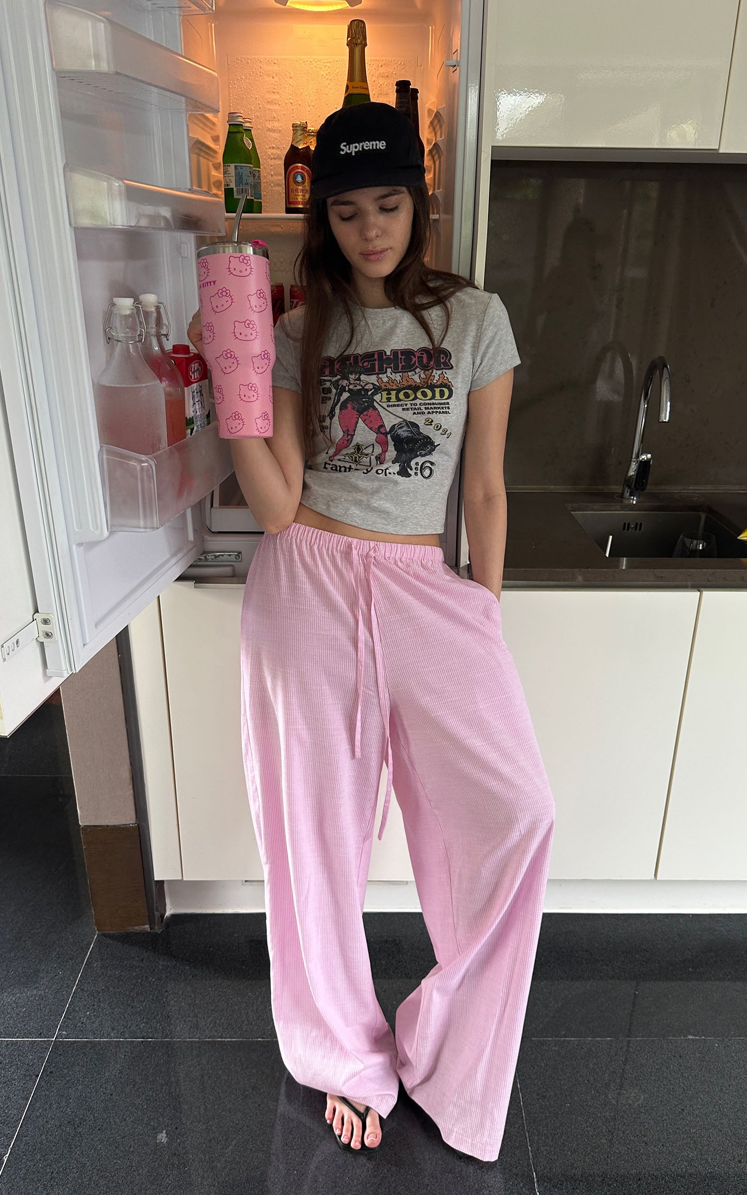 0122stepll ピンクストライプのリラックスワイドレッグパンツ