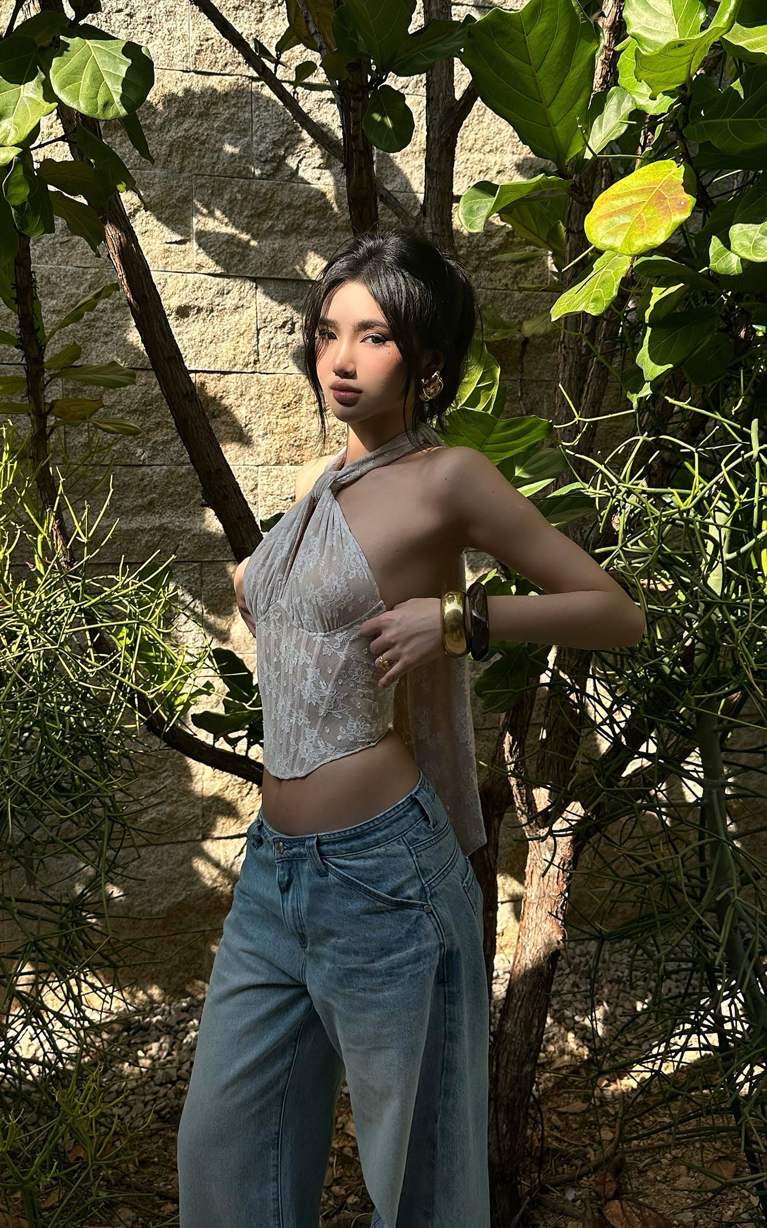 ROVENTE Backless Lace Halter Draped Top - PINKPARKS