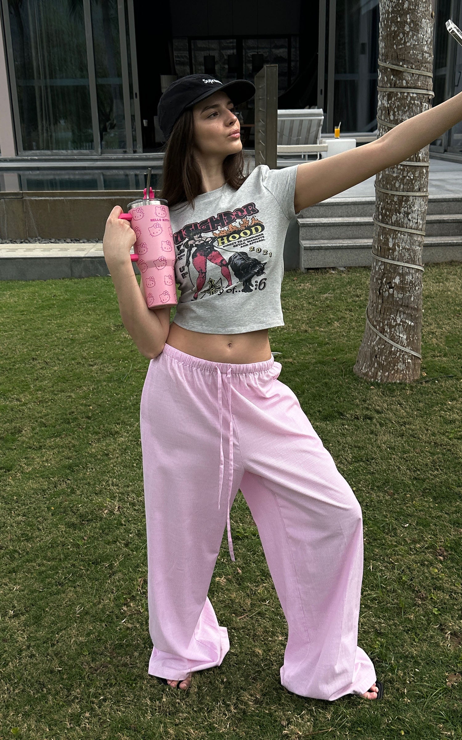 0122stepll ピンクストライプのリラックスワイドレッグパンツ