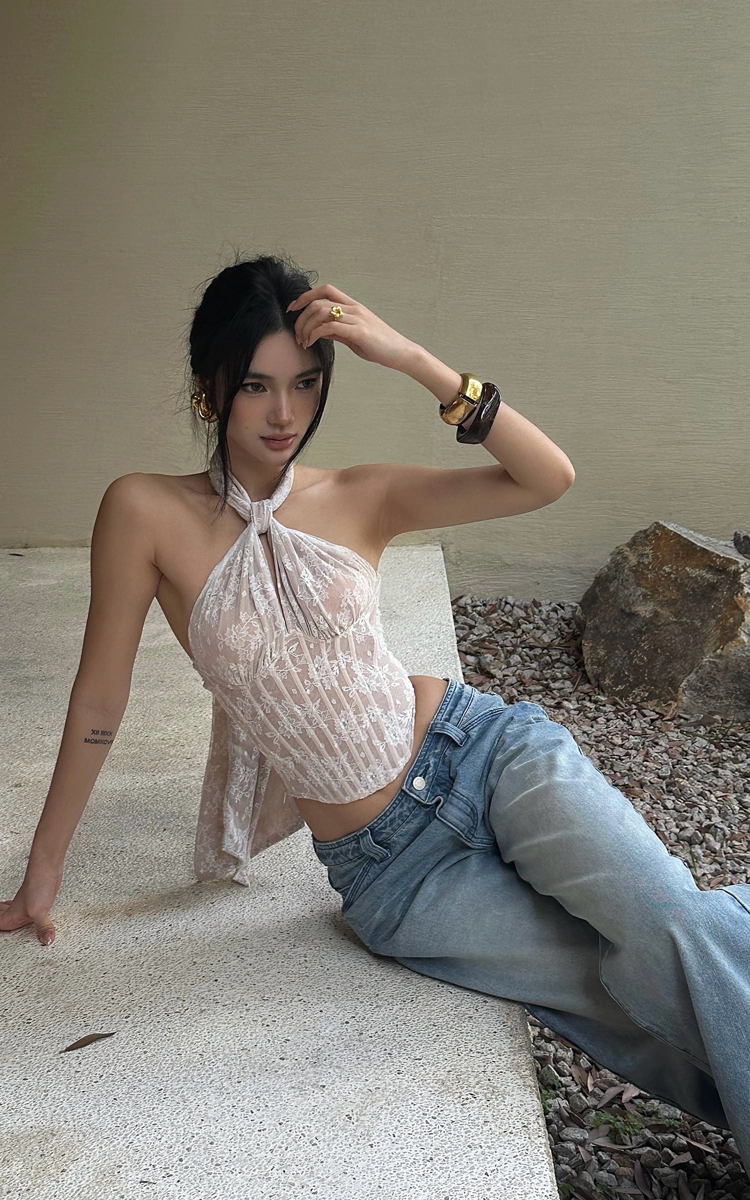 ROVENTE Backless Lace Halter Draped Top - PINKPARKS