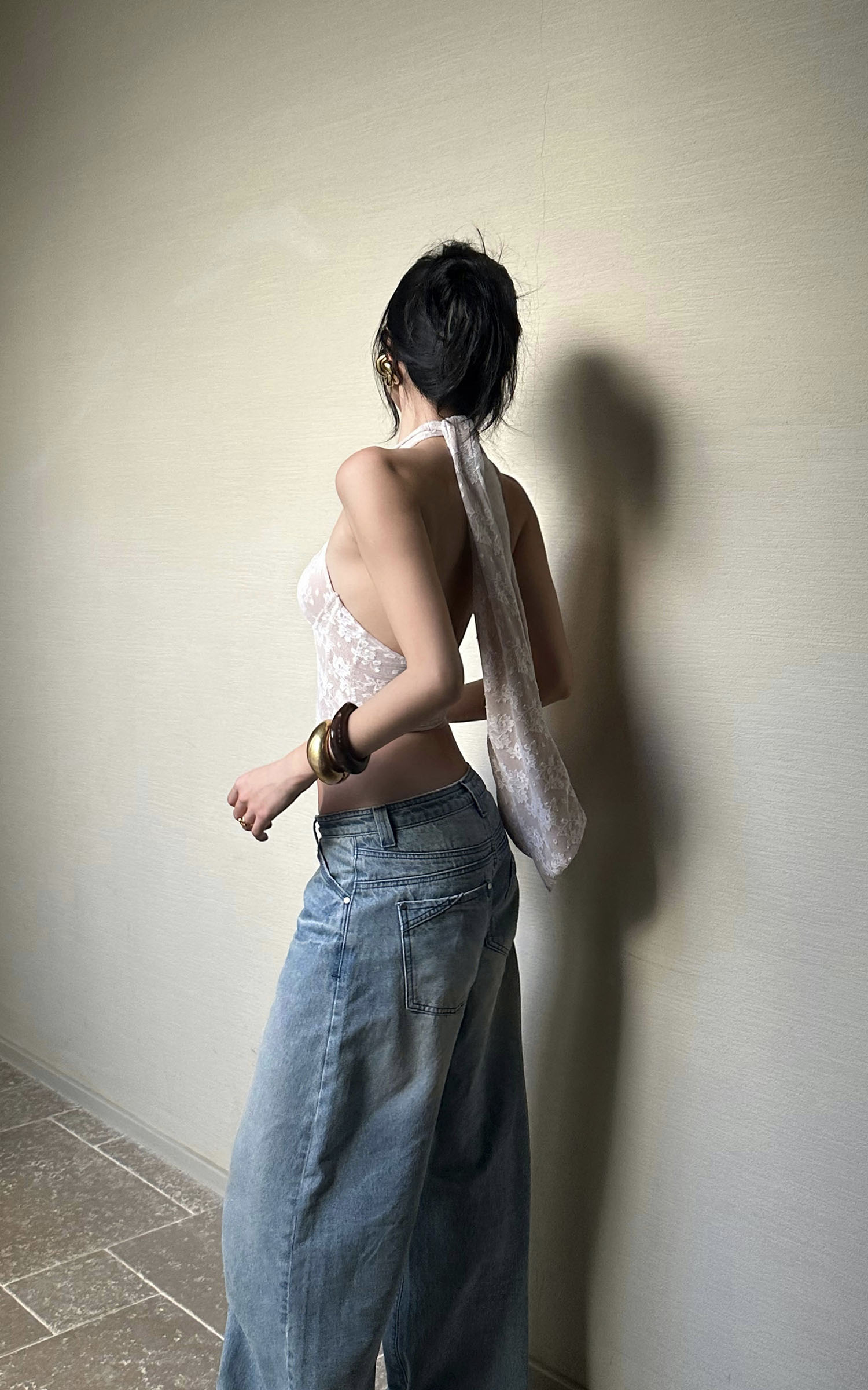 ROVENTE Backless Lace Halter Draped Top - PINKPARKS