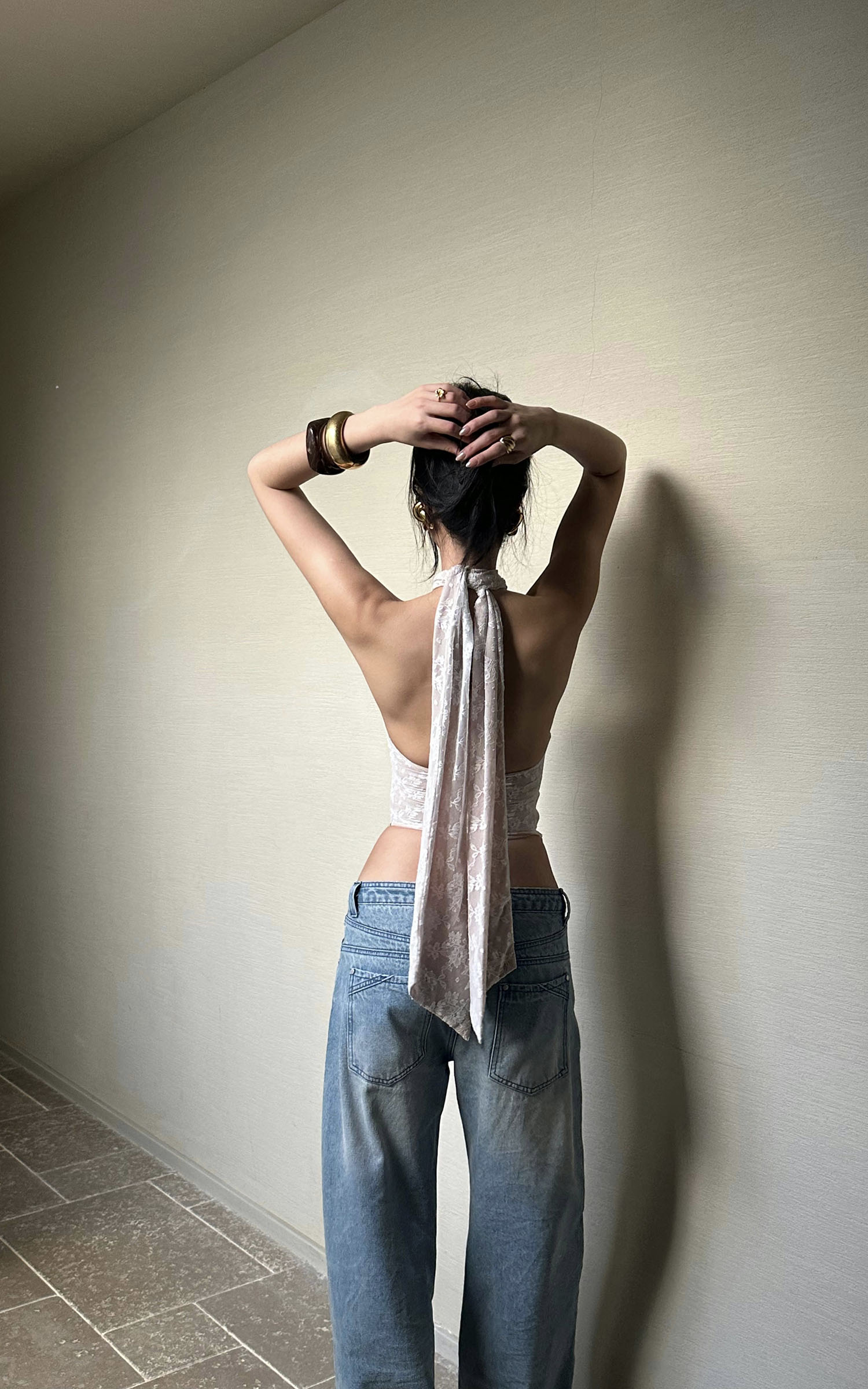 ROVENTE Backless Lace Halter Draped Top - PINKPARKS