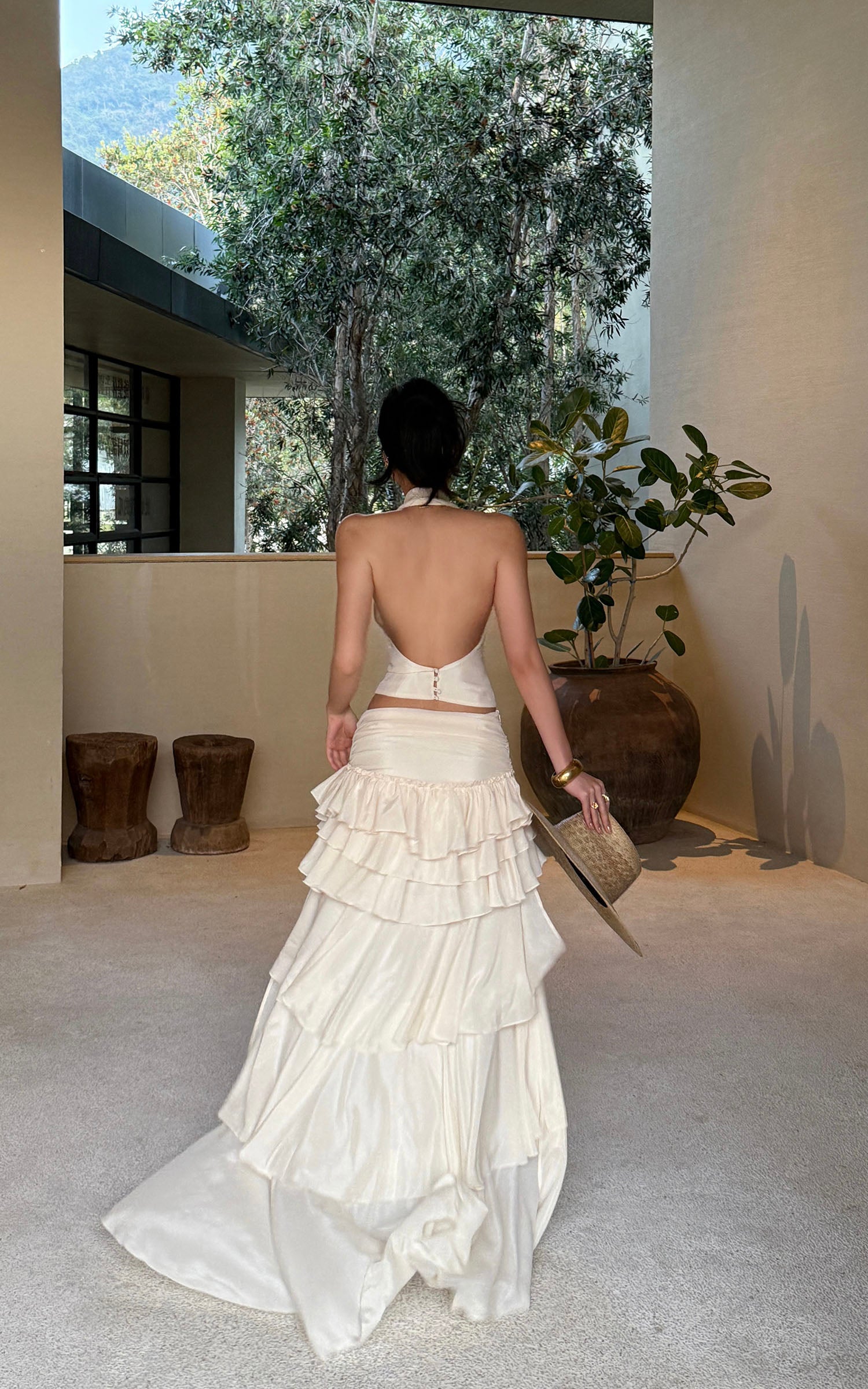 ROVENTE Layered Ruffle High-Low Skirt in Vanilla Cream - PINKPARKS