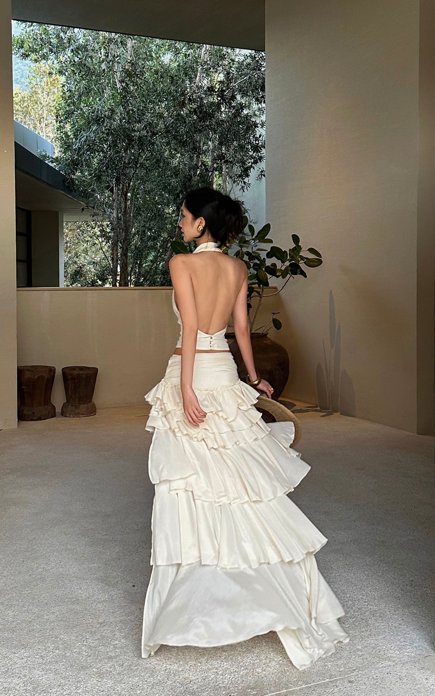 ROVENTE Layered Ruffle High-Low Skirt in Vanilla Cream - PINKPARKS