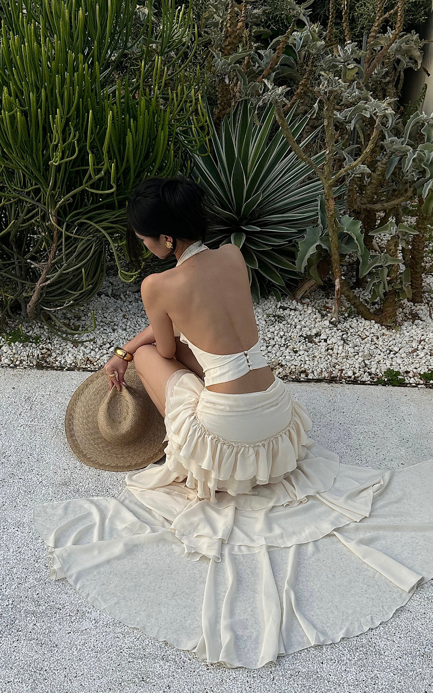 ROVENTE Layered Ruffle High-Low Skirt in Vanilla Cream - PINKPARKS