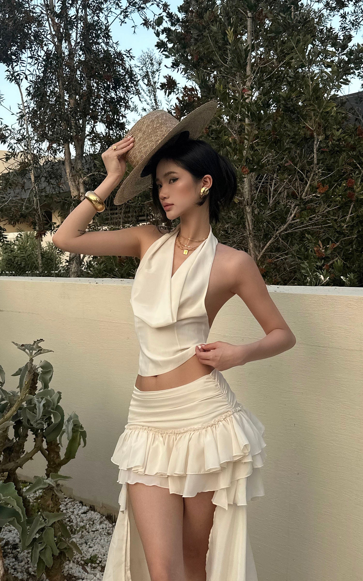 ROVENTE Layered Ruffle High-Low Skirt in Vanilla Cream - PINKPARKS