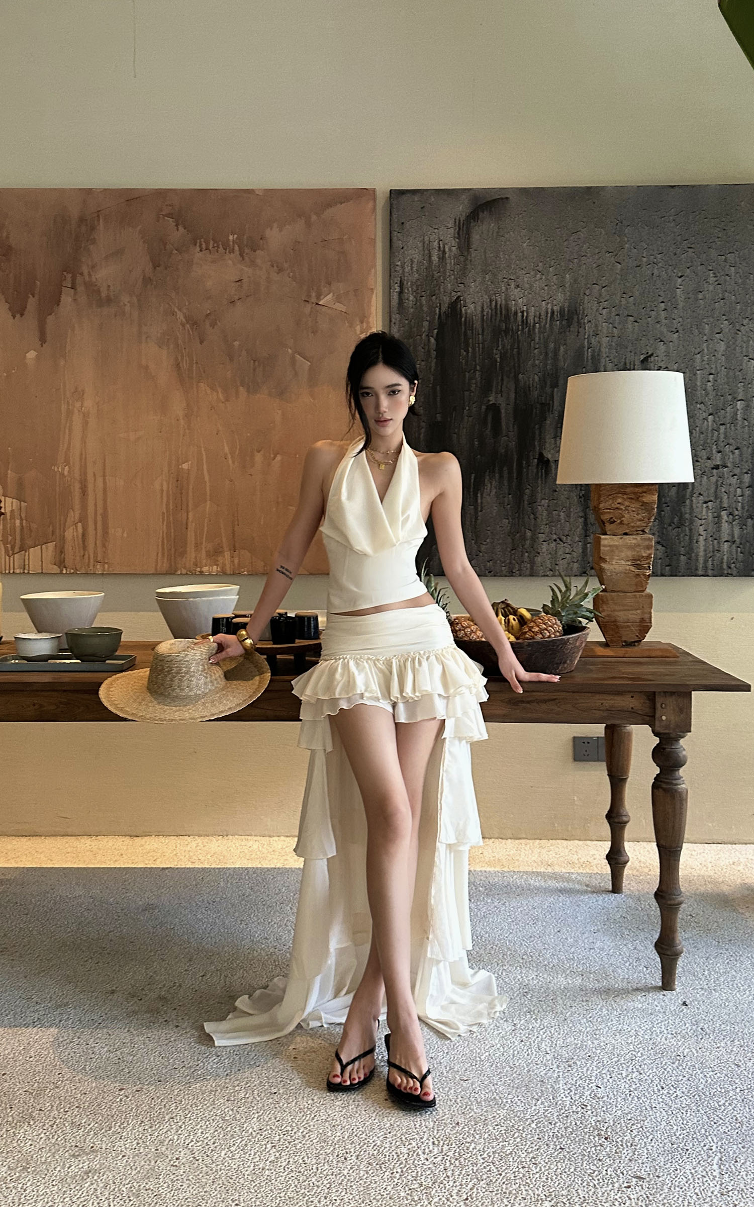 ROVENTE Draped Halter Corset Top in Pearl - PINKPARKS