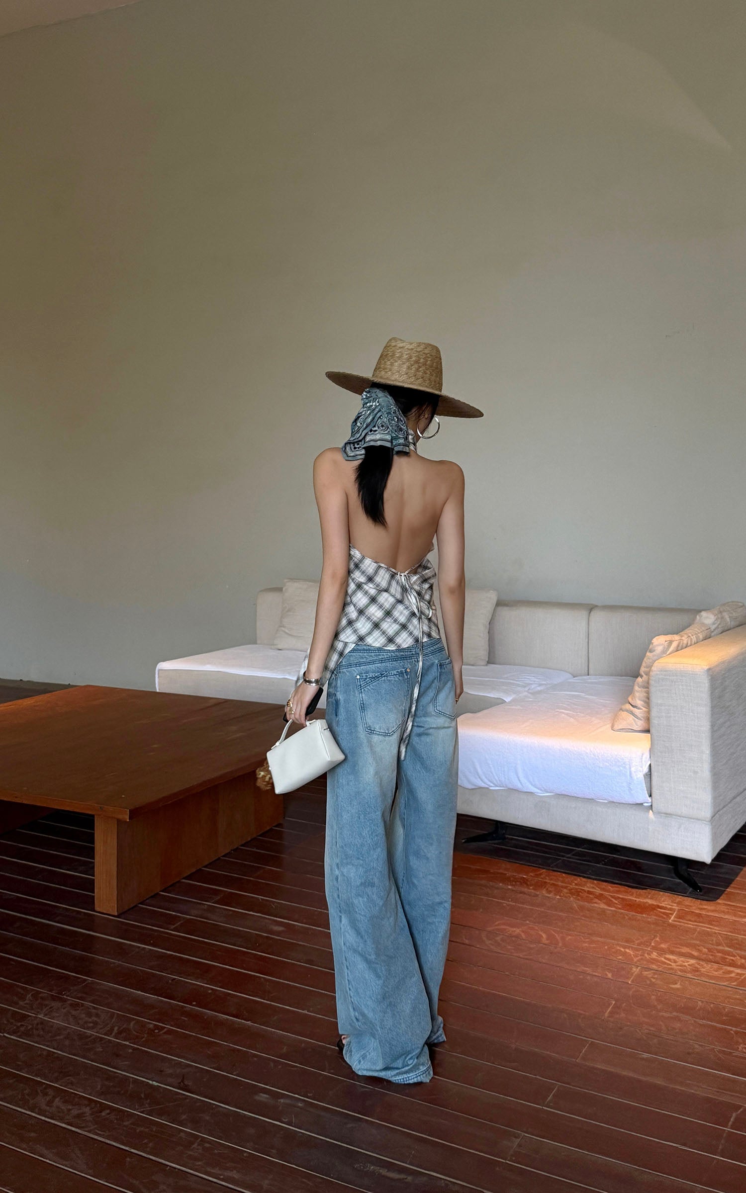 ROVENTE Draped Plaid Halter Top with Open Back - PINKPARKS