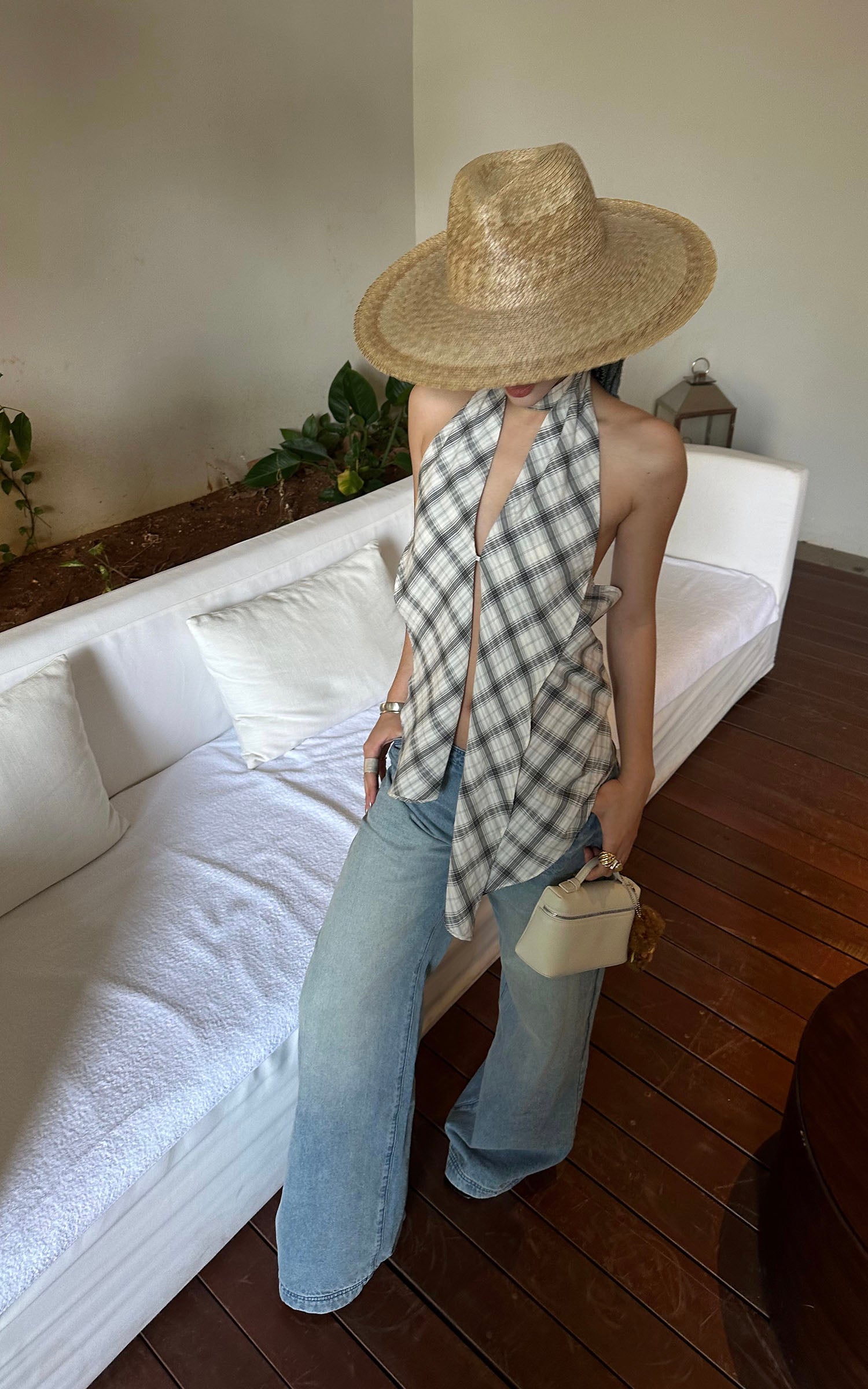 ROVENTE Draped Plaid Halter Top with Open Back - PINKPARKS