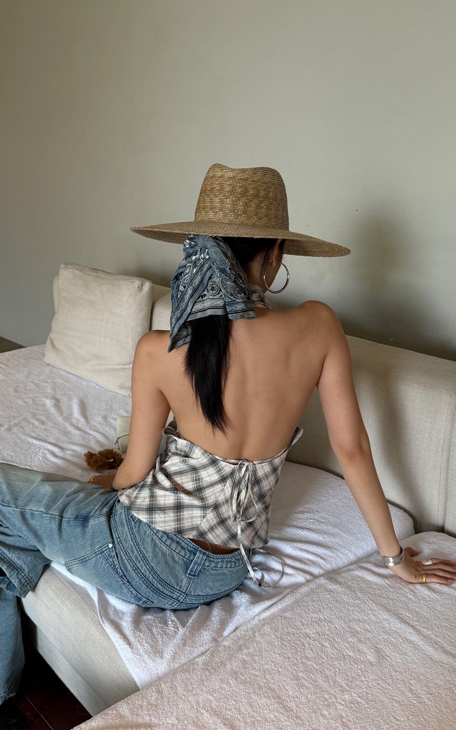 ROVENTE Draped Plaid Halter Top with Open Back - PINKPARKS