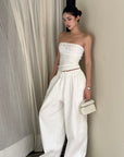 ROVENTE Drawstring Wide-Leg Trousers in White - PINKPARKS