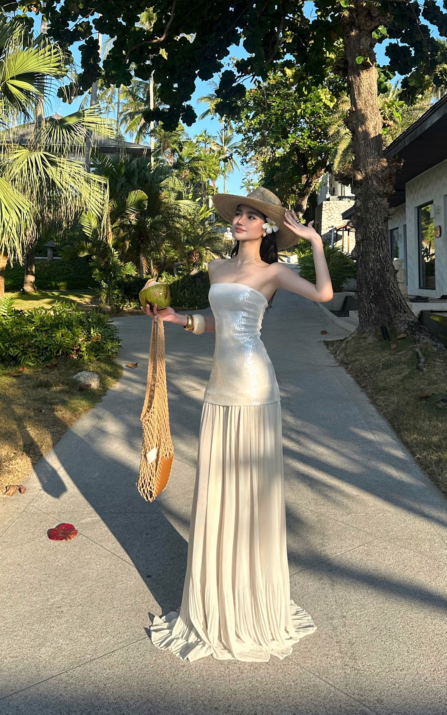 ROVENTE Sequin &amp; Pleated Chiffon Strapless Dress - PINKPARKS