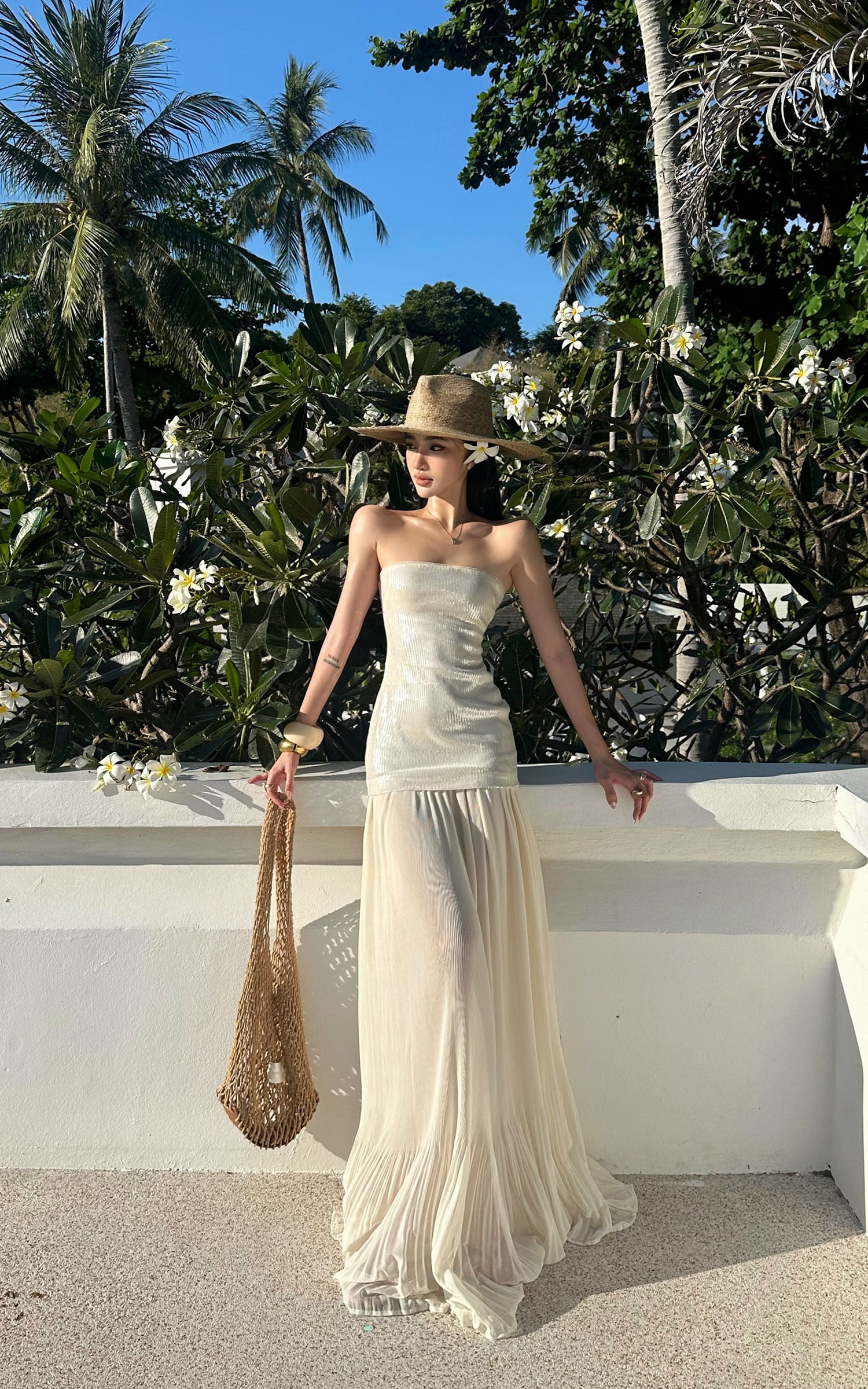 ROVENTE Sequin &amp; Pleated Chiffon Strapless Dress - PINKPARKS