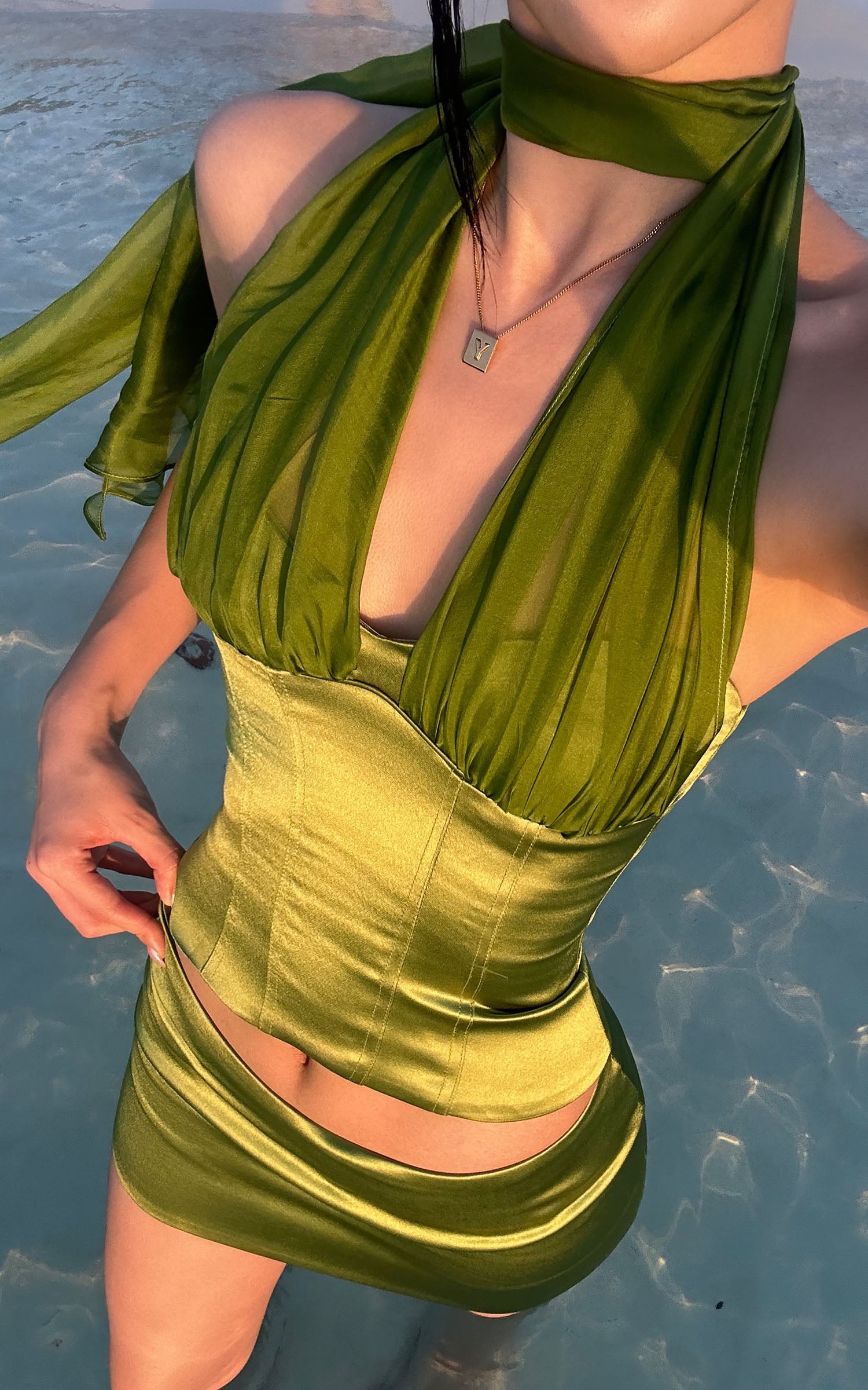 ROVENTE Satin Mesh-Drape Halter Top & Micro Mini Skirt Set - PINKPARKS