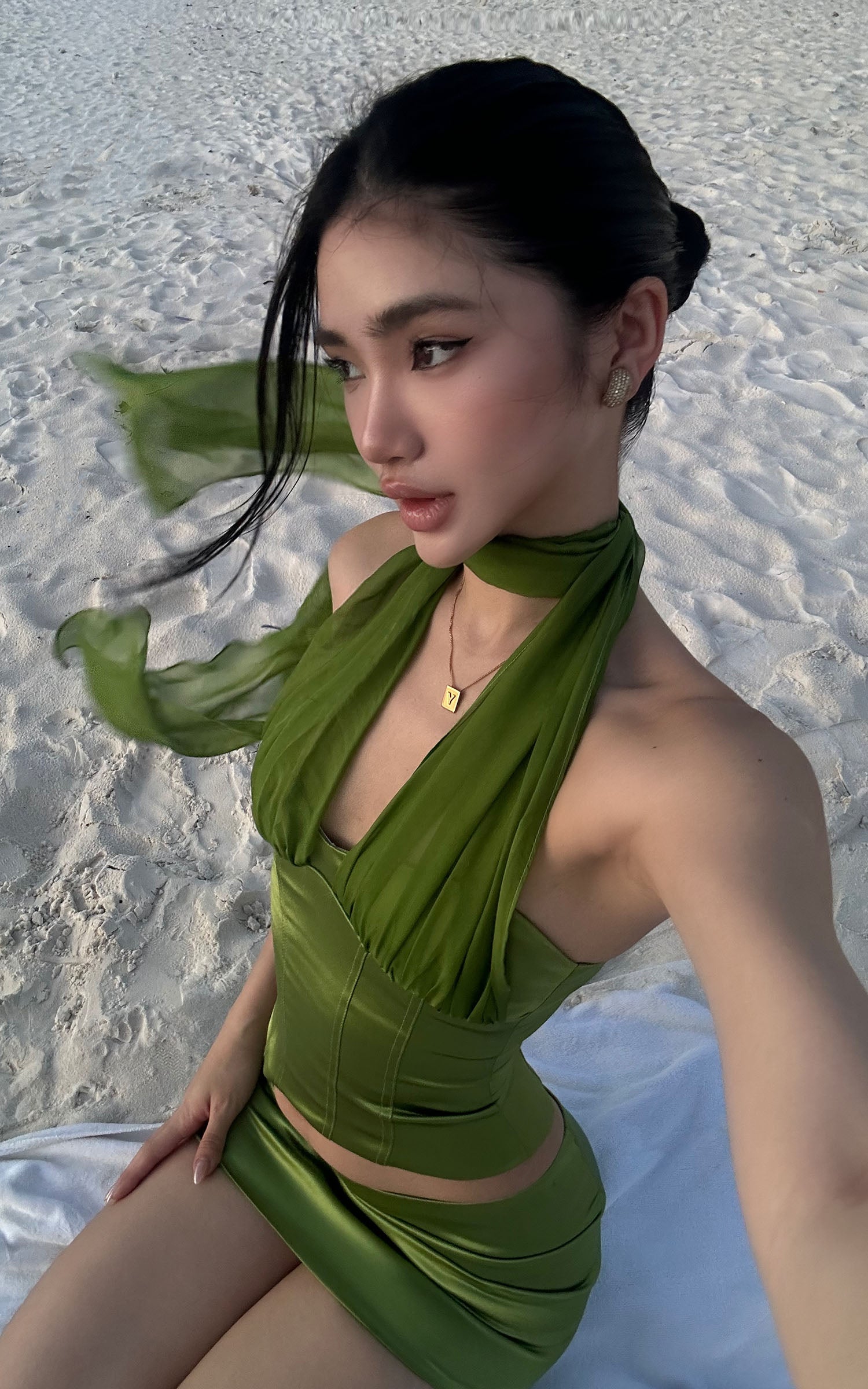 ROVENTE Satin Mesh-Drape Halter Top & Micro Mini Skirt Set - PINKPARKS