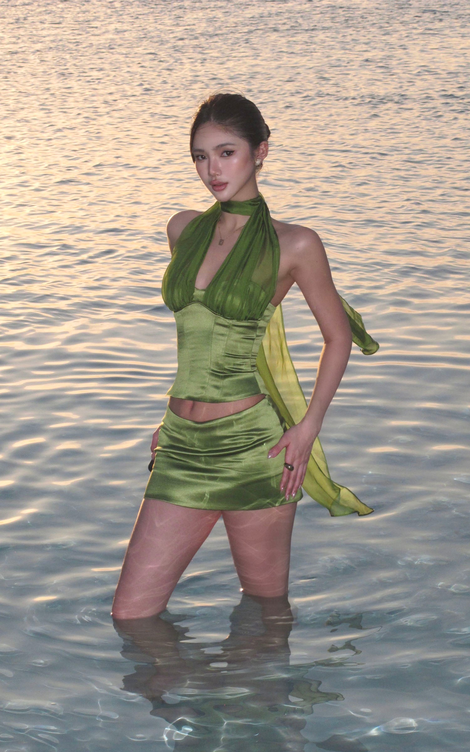 ROVENTE Satin Mesh-Drape Halter Top & Micro Mini Skirt Set - PINKPARKS