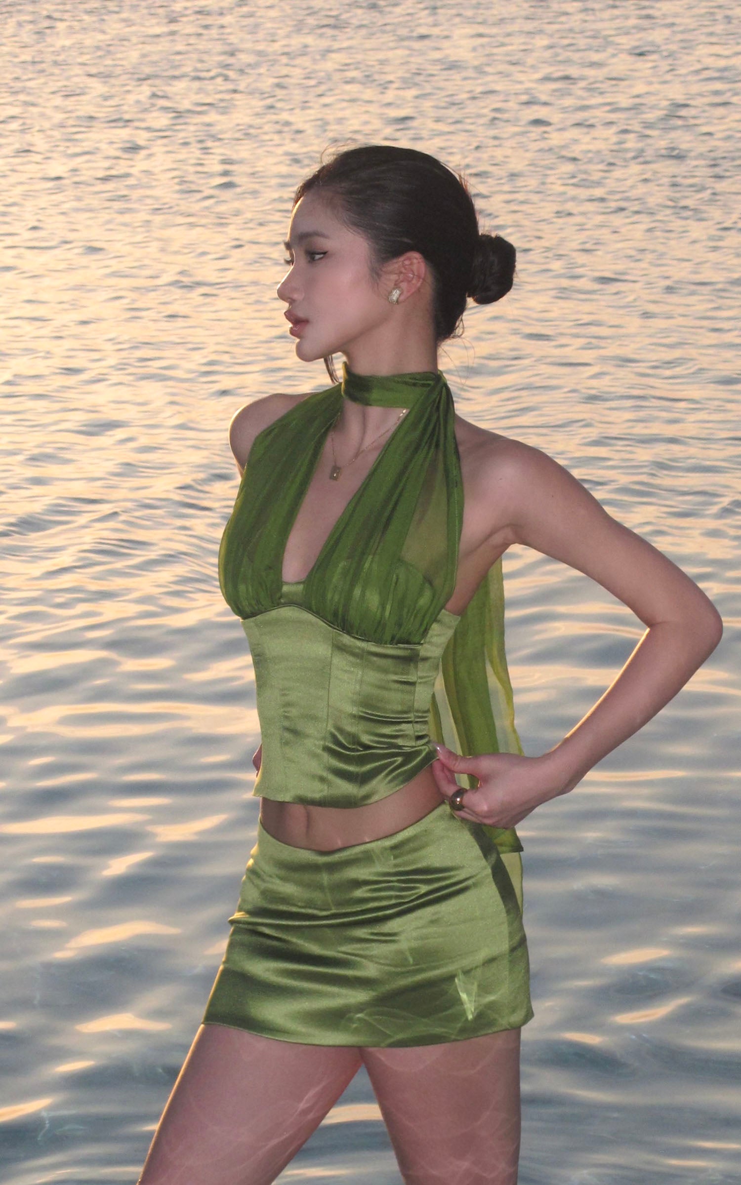 ROVENTE Satin Mesh-Drape Halter Top &amp; Micro Mini Skirt Set - PINKPARKS