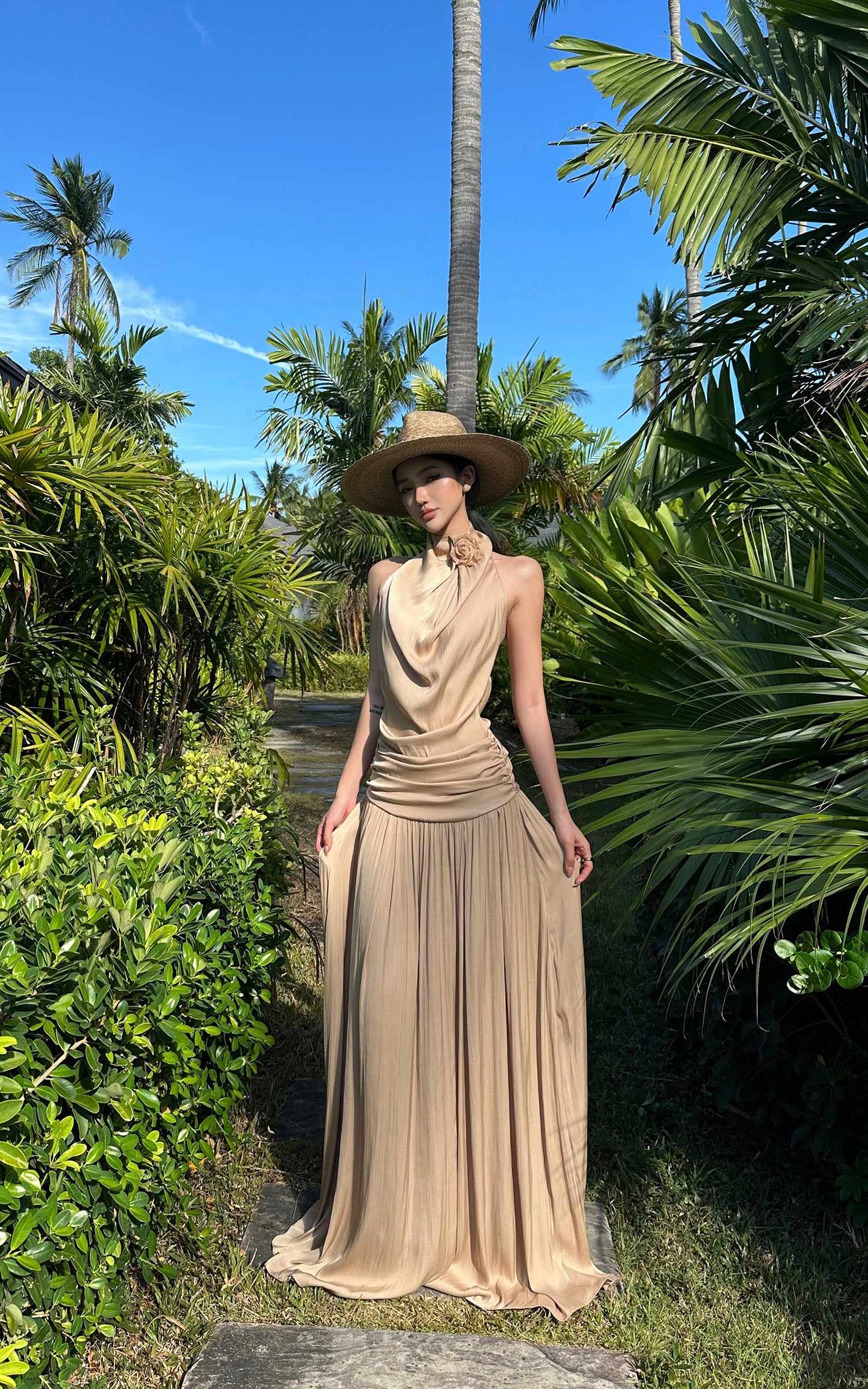 ROVENTE Draped Backless Rose Maxi Dress - PINKPARKS