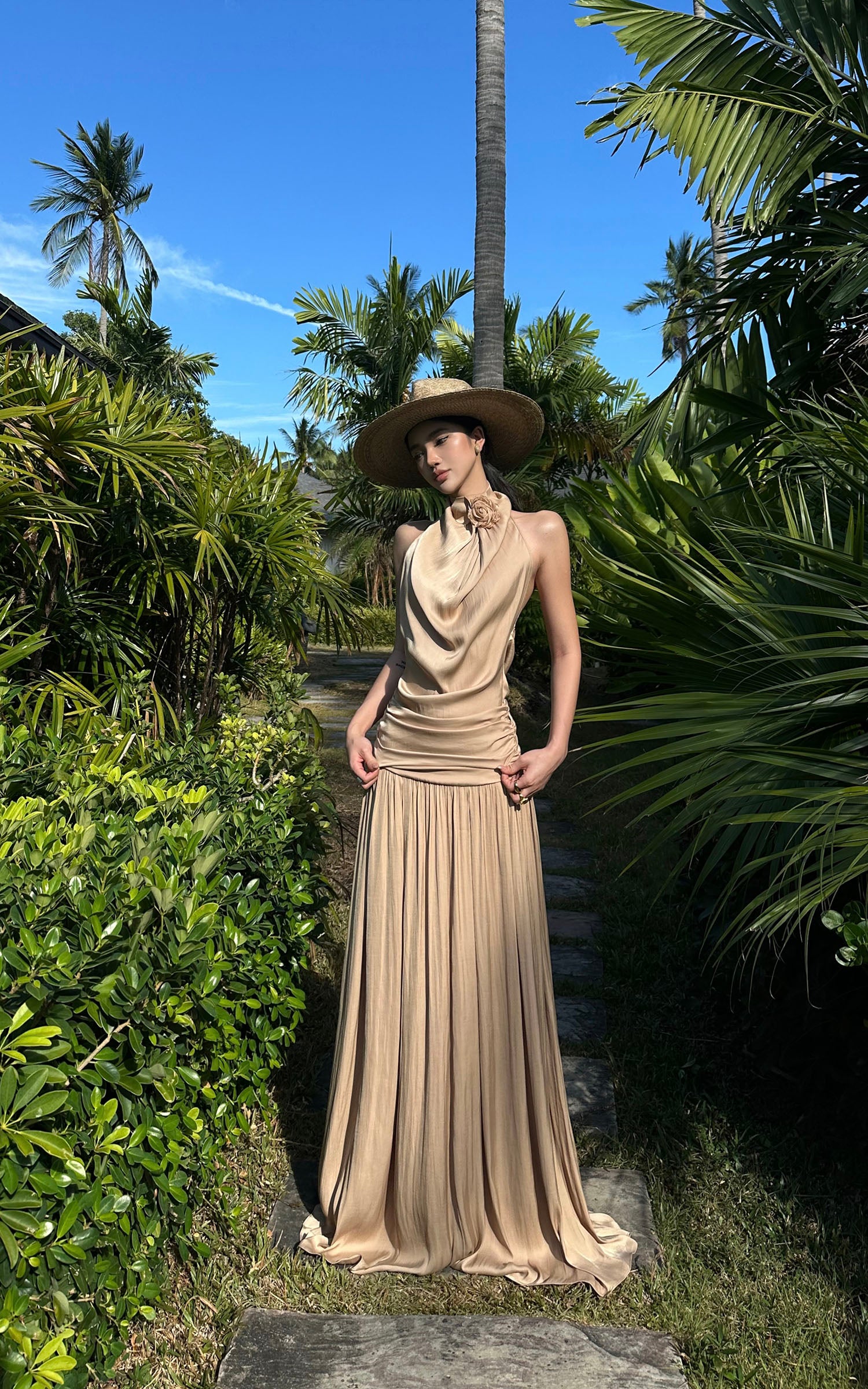 ROVENTE Draped Backless Rose Maxi Dress - PINKPARKS