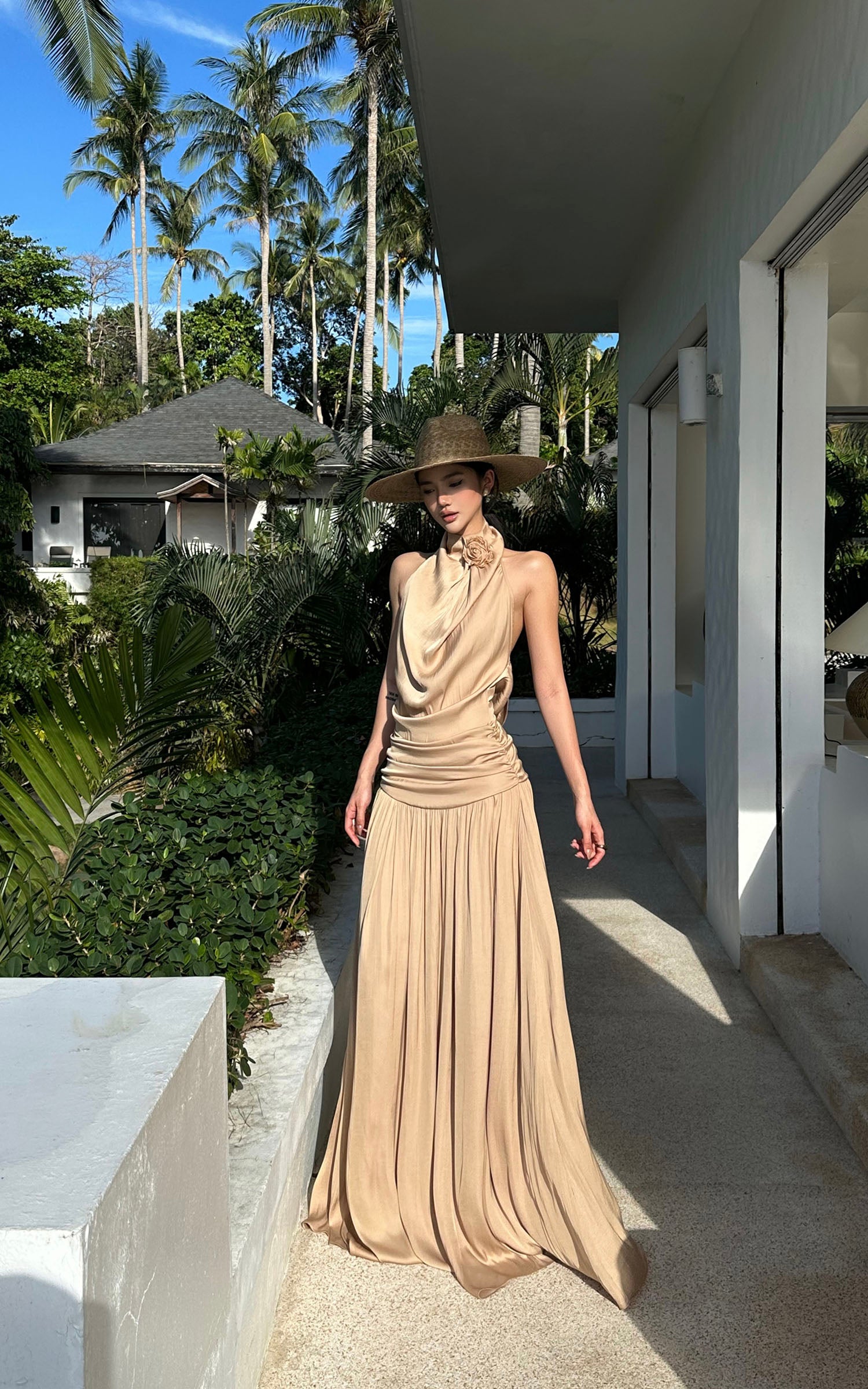 ROVENTE Draped Backless Rose Maxi Dress - PINKPARKS