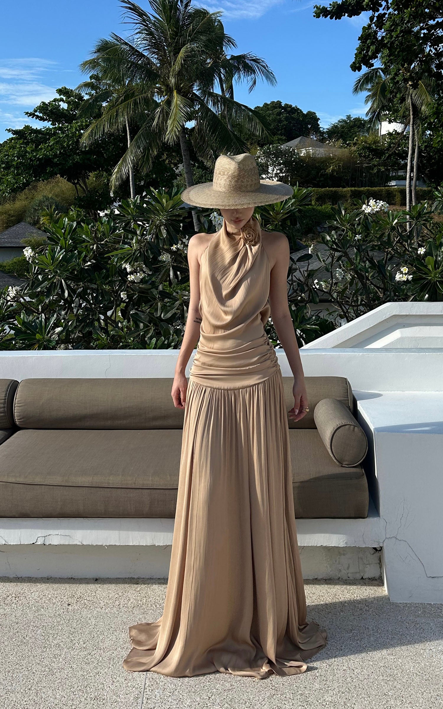 ROVENTE Draped Backless Rose Maxi Dress - PINKPARKS