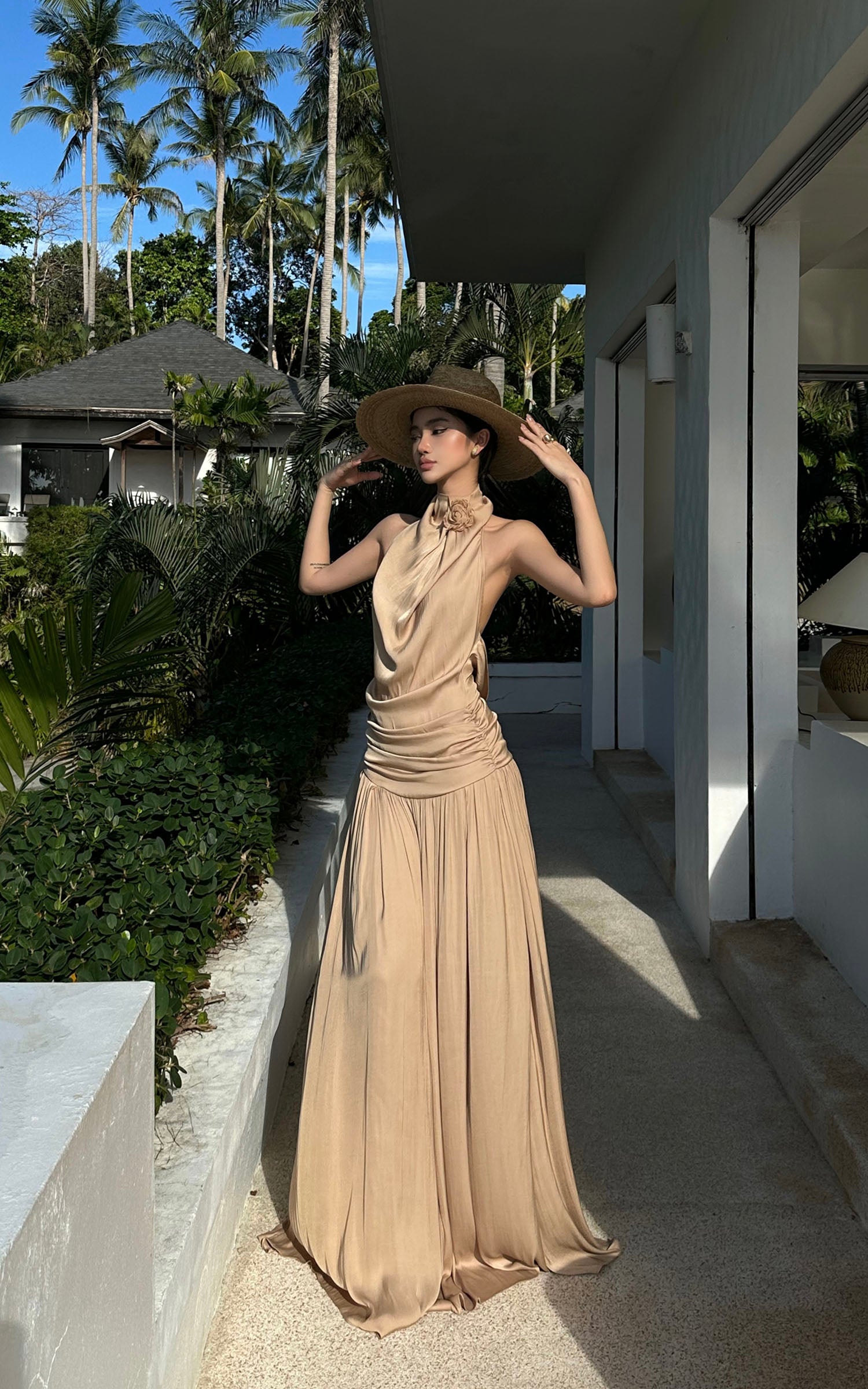 ROVENTE Draped Backless Rose Maxi Dress - PINKPARKS