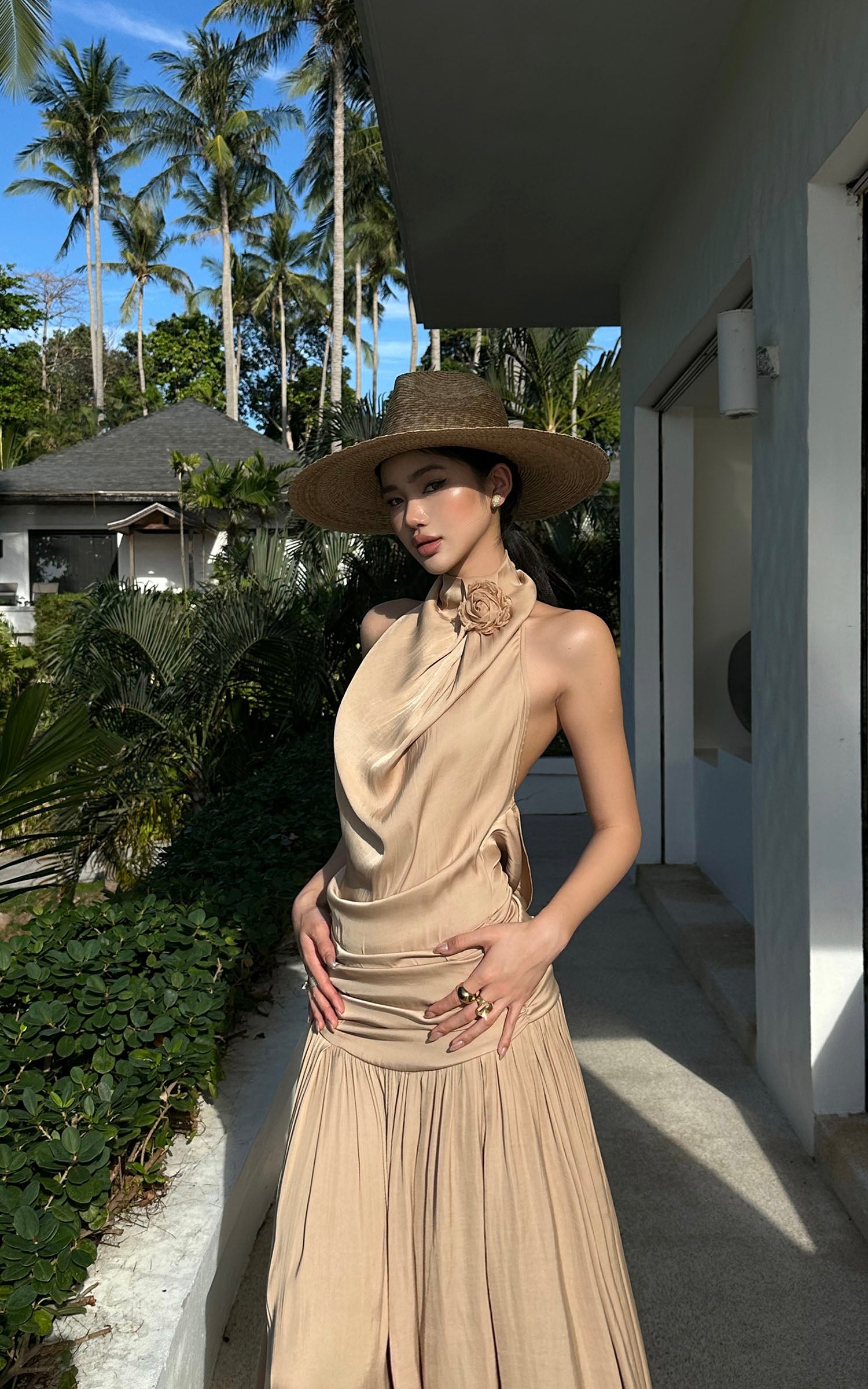 ROVENTE Draped Backless Rose Maxi Dress - PINKPARKS