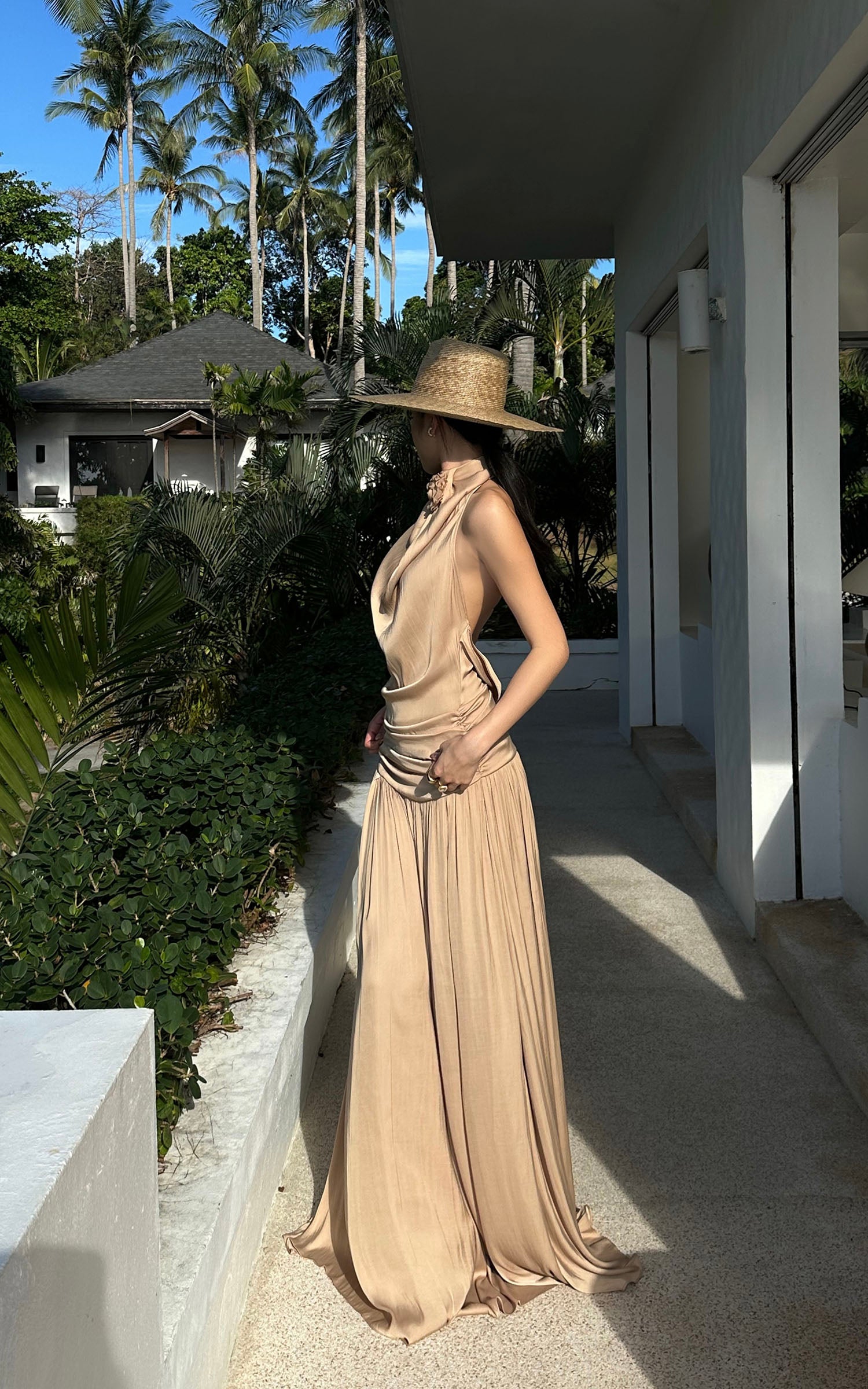 ROVENTE Draped Backless Rose Maxi Dress - PINKPARKS