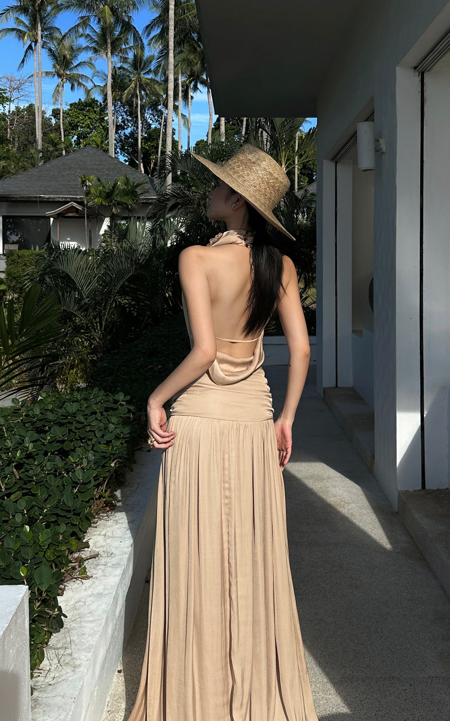 ROVENTE Draped Backless Rose Maxi Dress - PINKPARKS