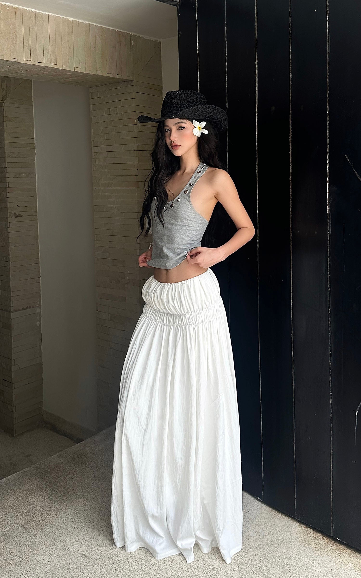 ROVENTE Gathered Cotton Maxi Skirt - PINKPARKS