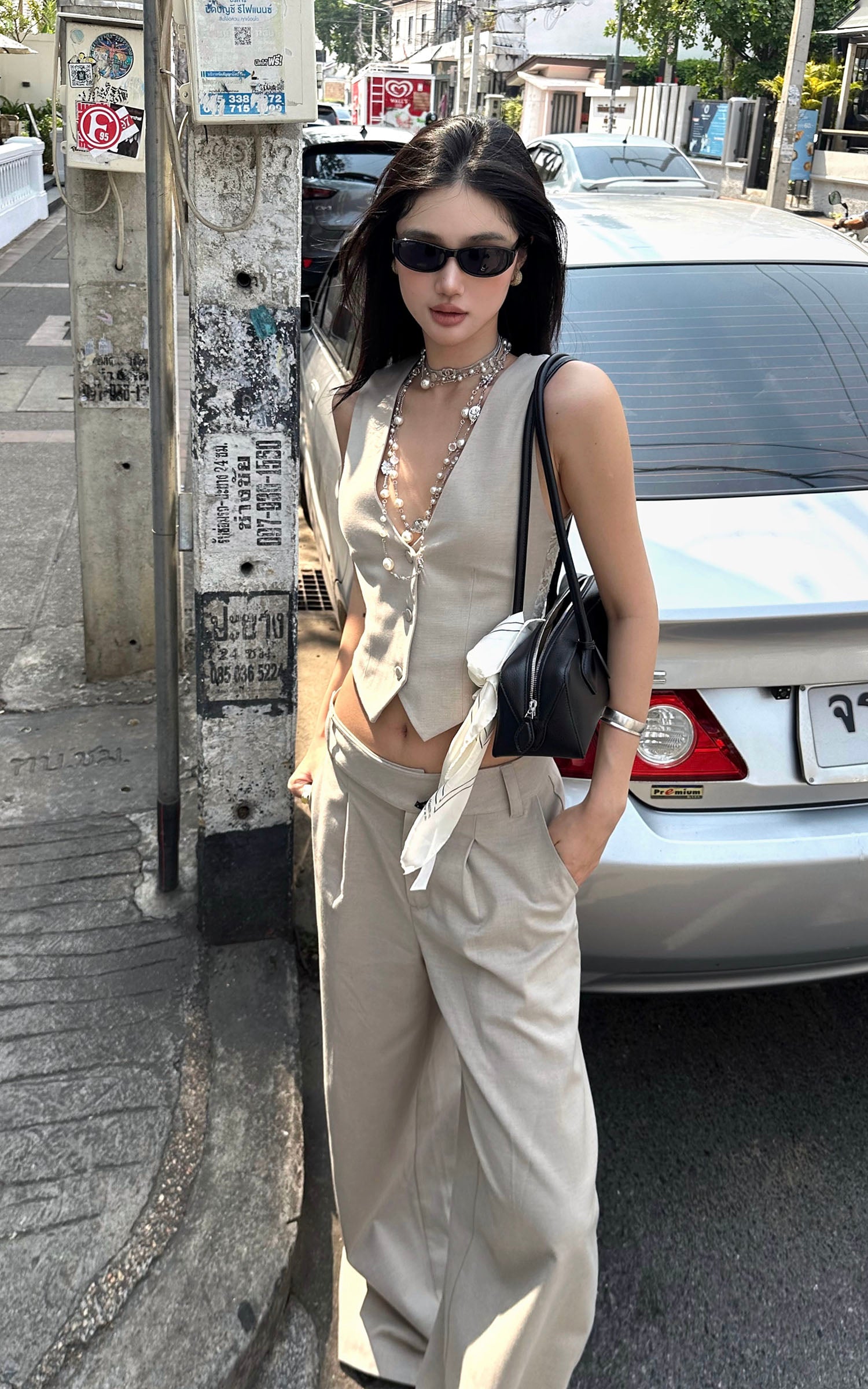 ROVENTE Asymmetric Waist Wide-Leg Trousers - PINKPARKS