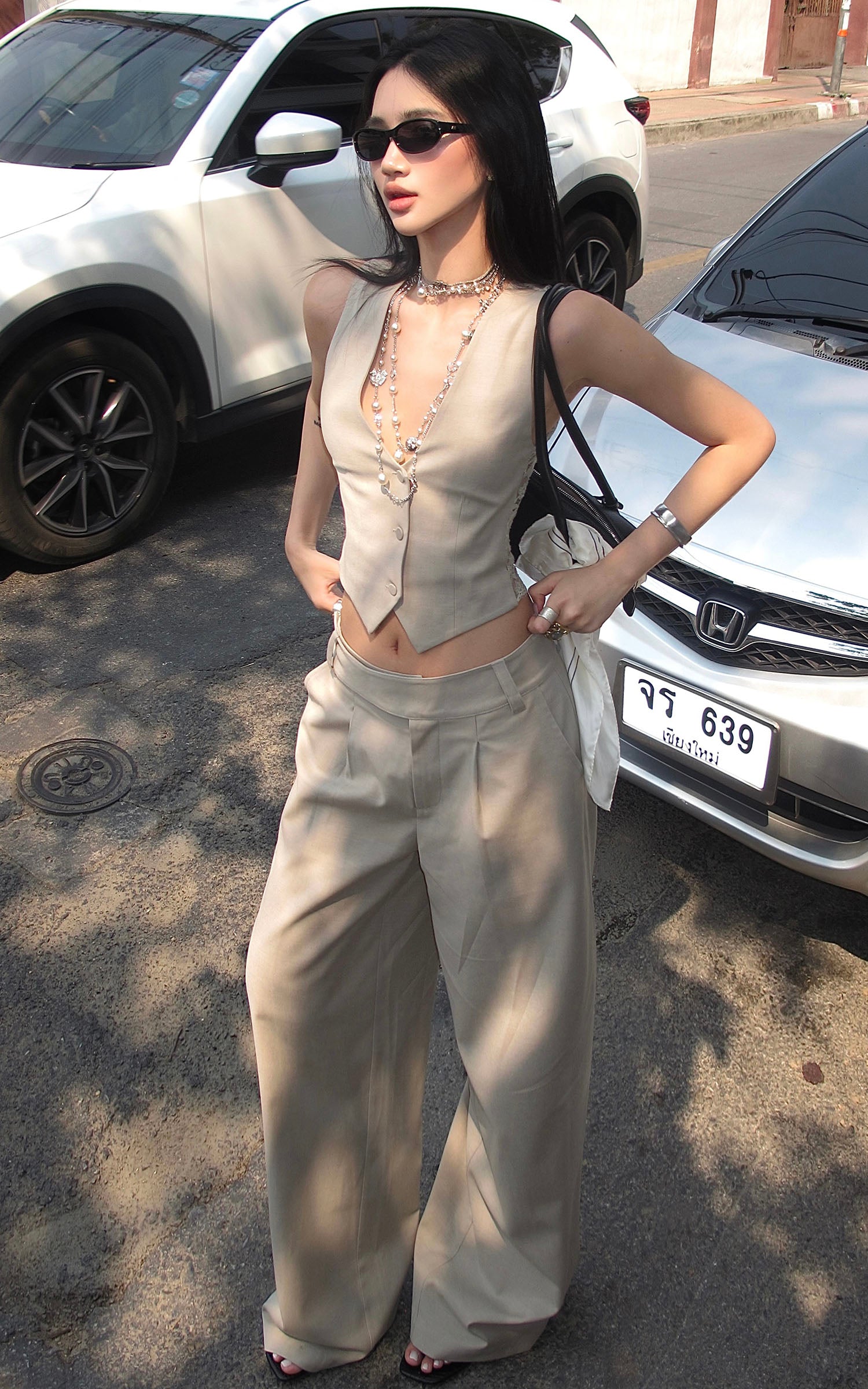 ROVENTE Asymmetric Waist Wide-Leg Trousers - PINKPARKS