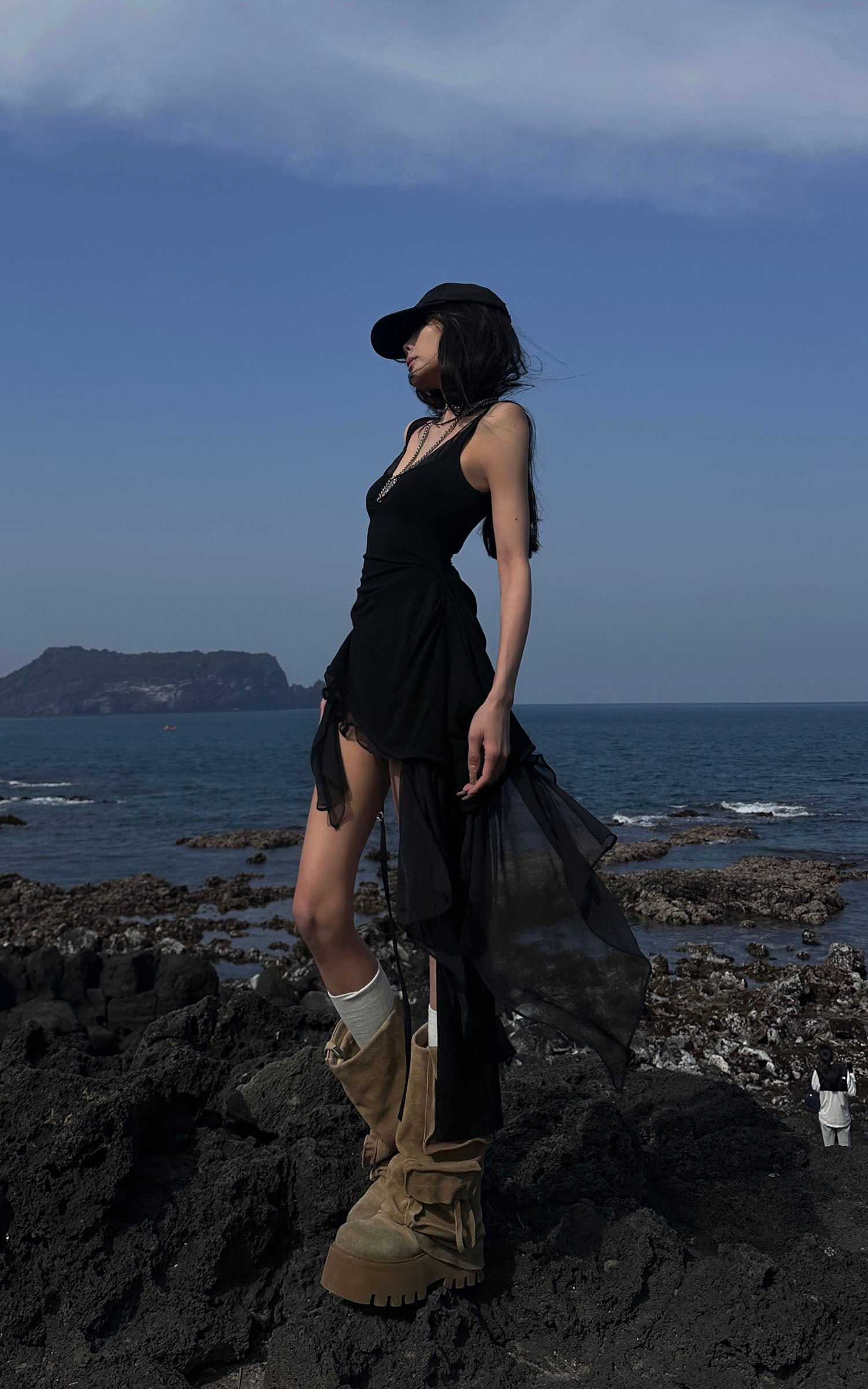 WARDEN EDGE Layered Mesh Hem Dress with Raw Draping - PINKPARKS