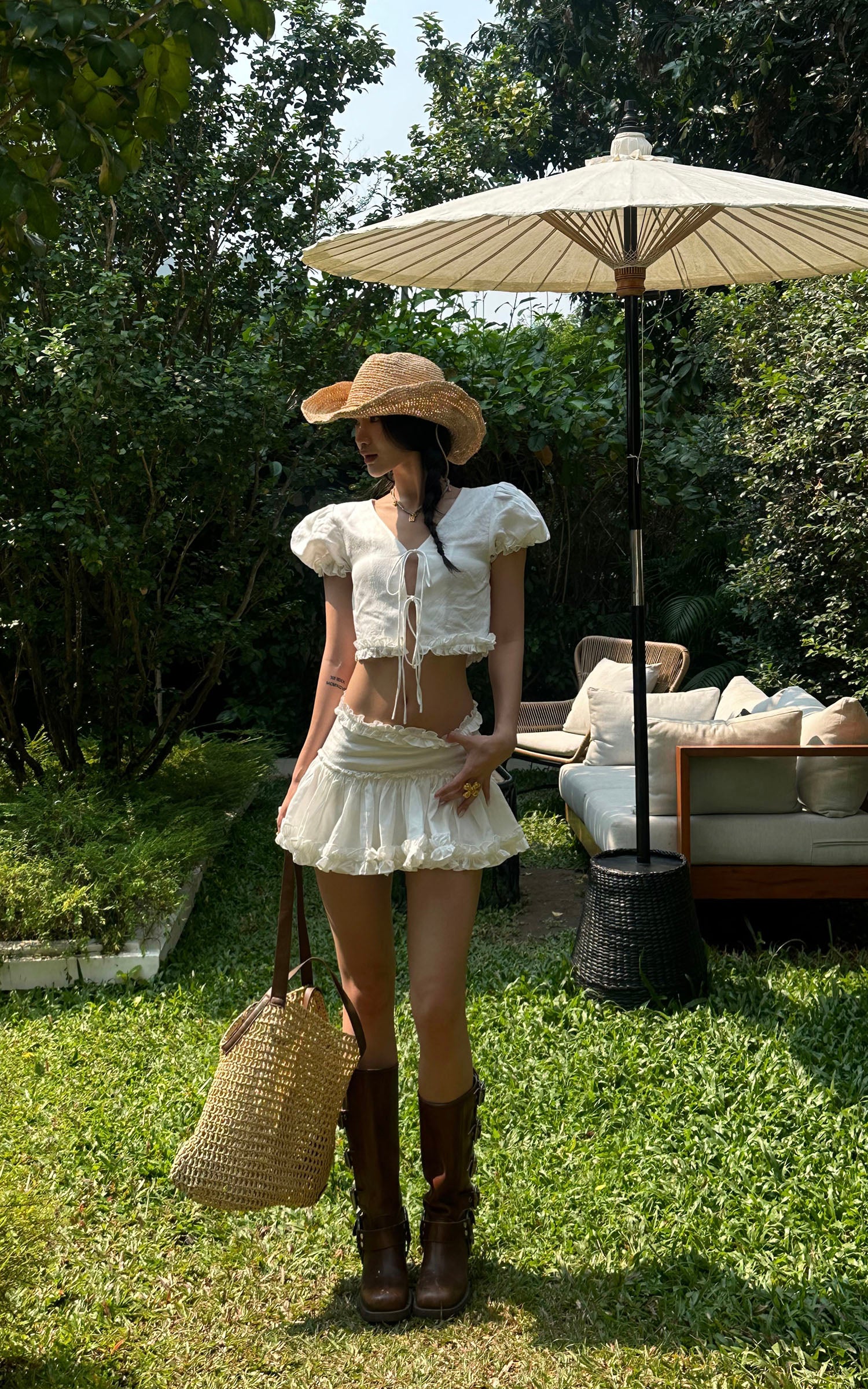 ROVENTE Ruched Tie-Front Top &amp; Frill Mini Skirt Set - PINKPARKS