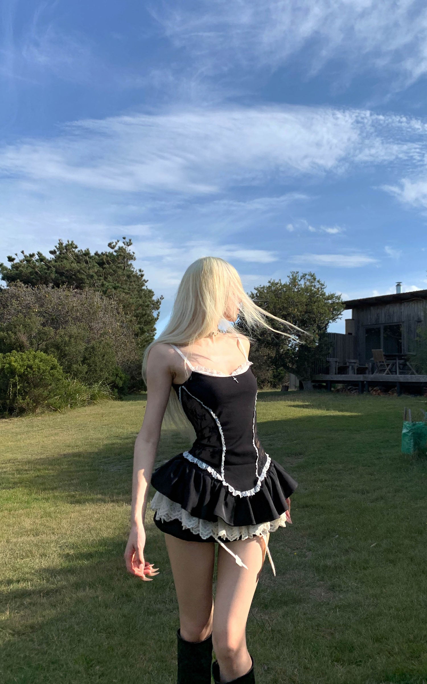 Rase le sol Lace-Trimmed Vest and Skirt Set with Cross Detail - PINKPARKS